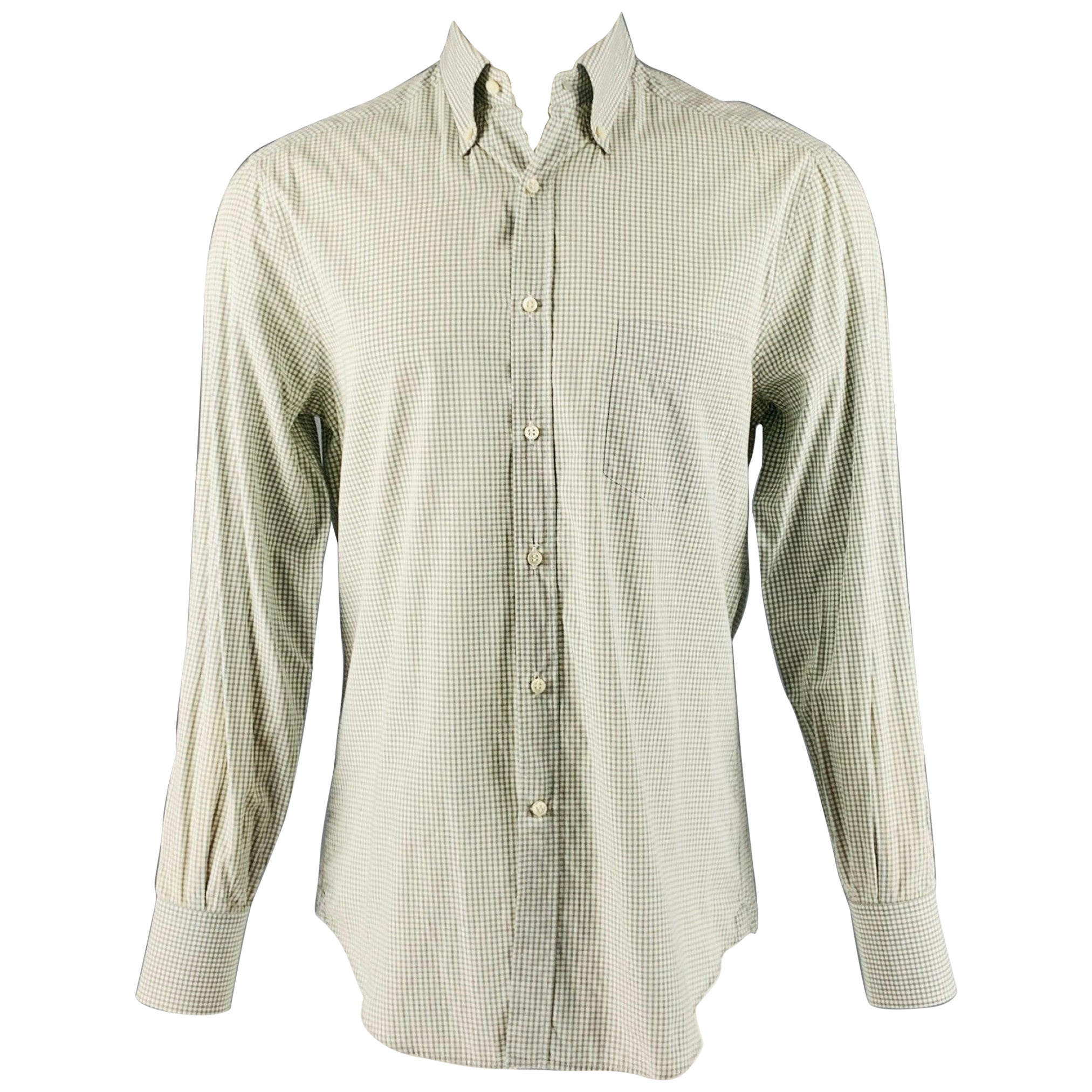 BRUNELLO CUCINELLI Size M Green Checkered Cotton Dress Shirt For Sale