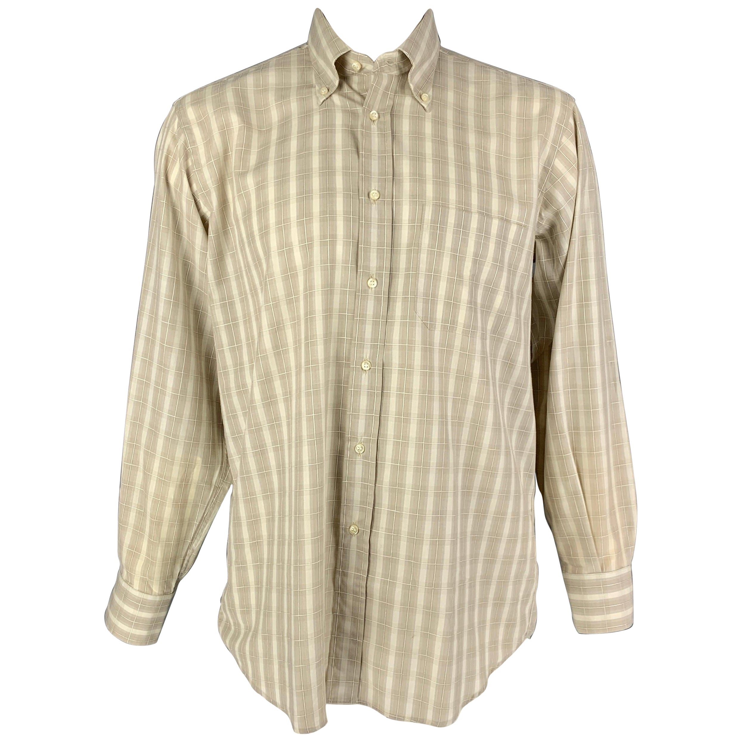 LUCIANO BARBERA Size L Beige Window Pane Cotton Button Down Long Sleeve Shirt For Sale