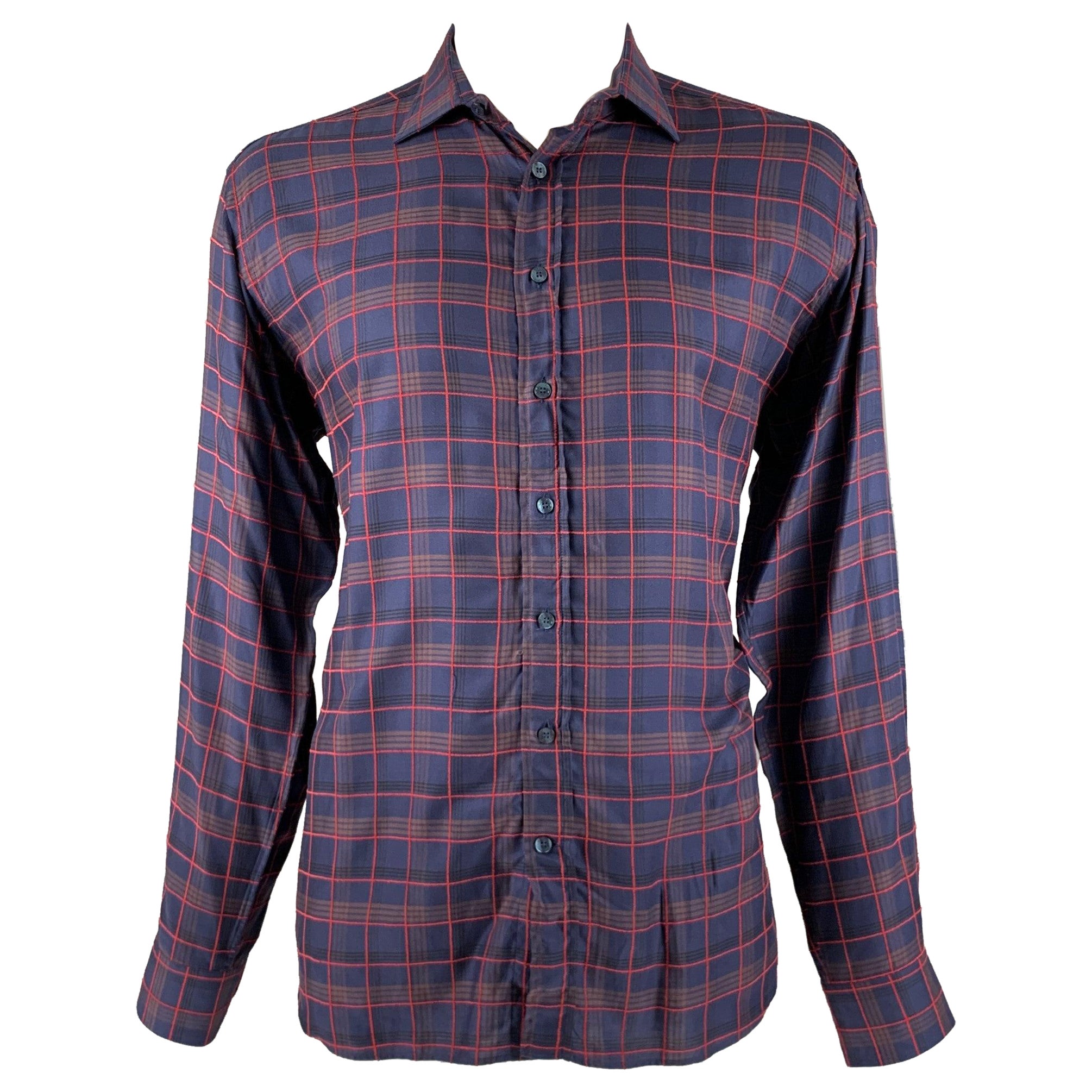ETRO Size XL Navy Red Plaid Lyocel Cotton Button Up Long Sleeve Shirt For Sale