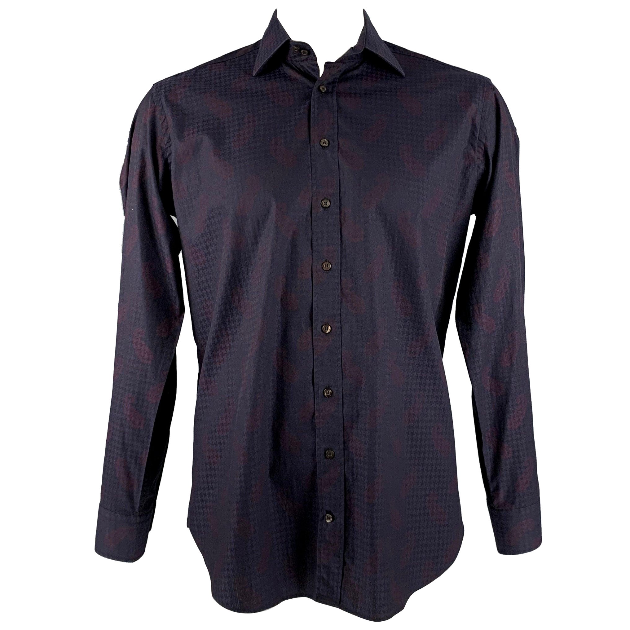 ETRO Size L Navy Burgundy Paisley Cotton Button Up Long Sleeve Shirt For Sale