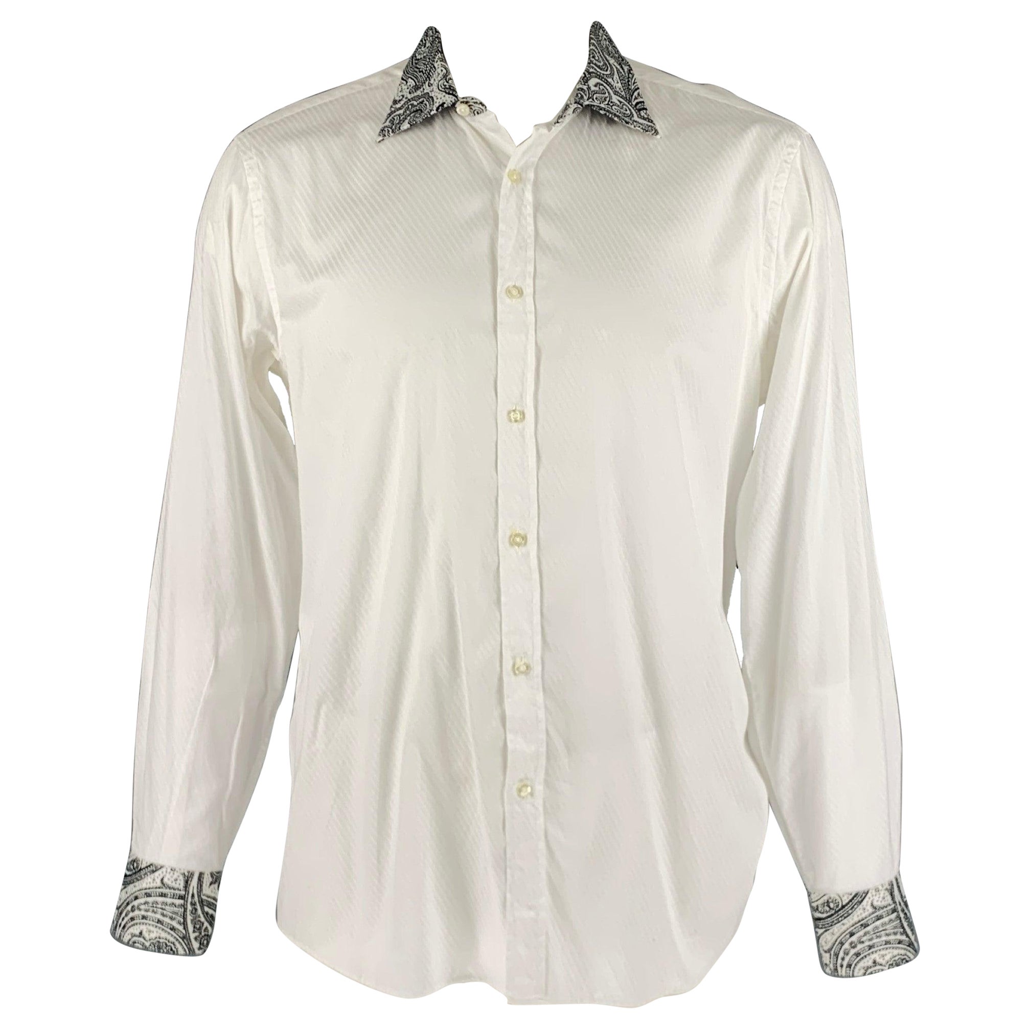 ETRO Size L White Black Diagonal Stripe Cotton Button Up Long Sleeve Shirt For Sale