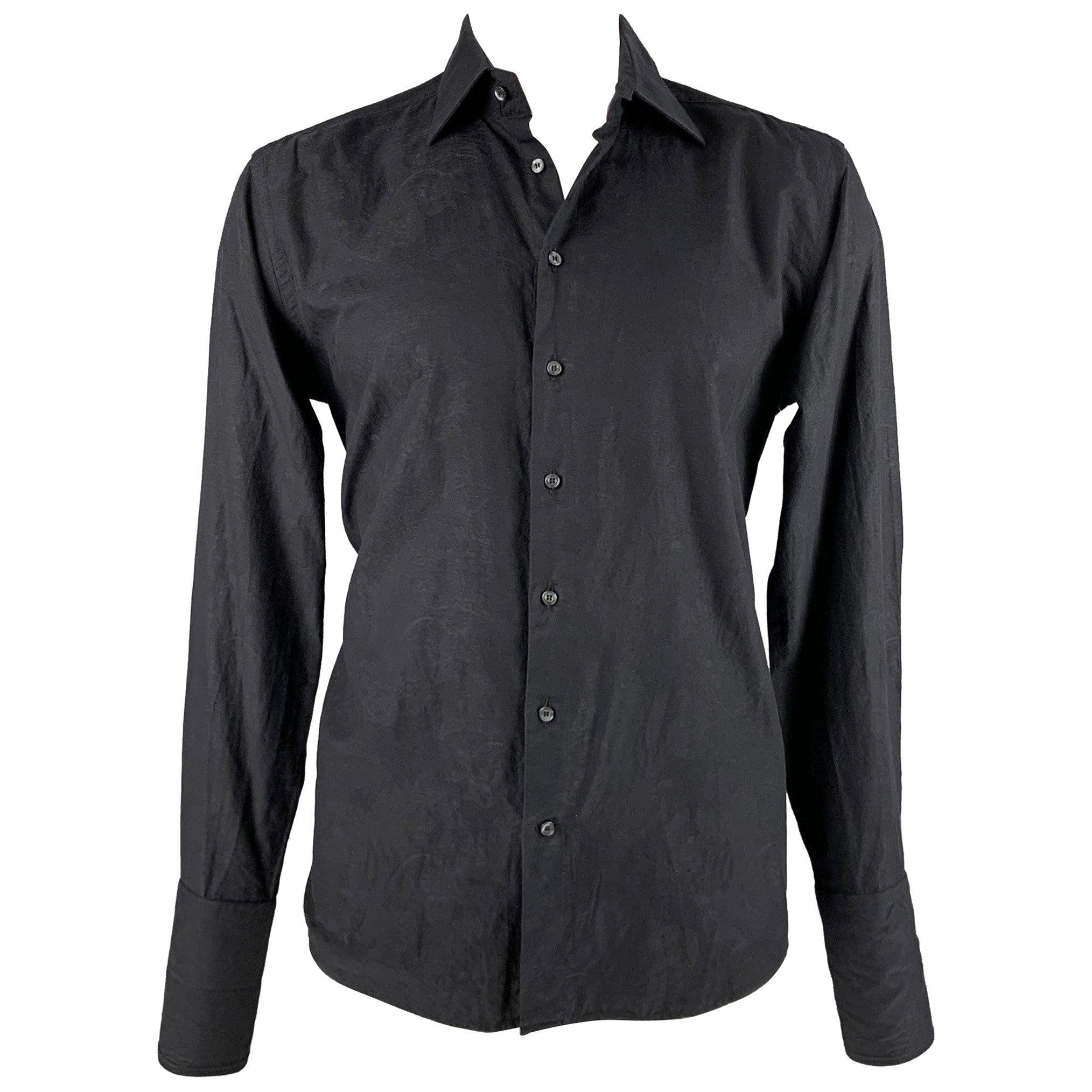 ETRO Size L Black Paisley Cotton French Cuff Long Sleeve Shirt For Sale