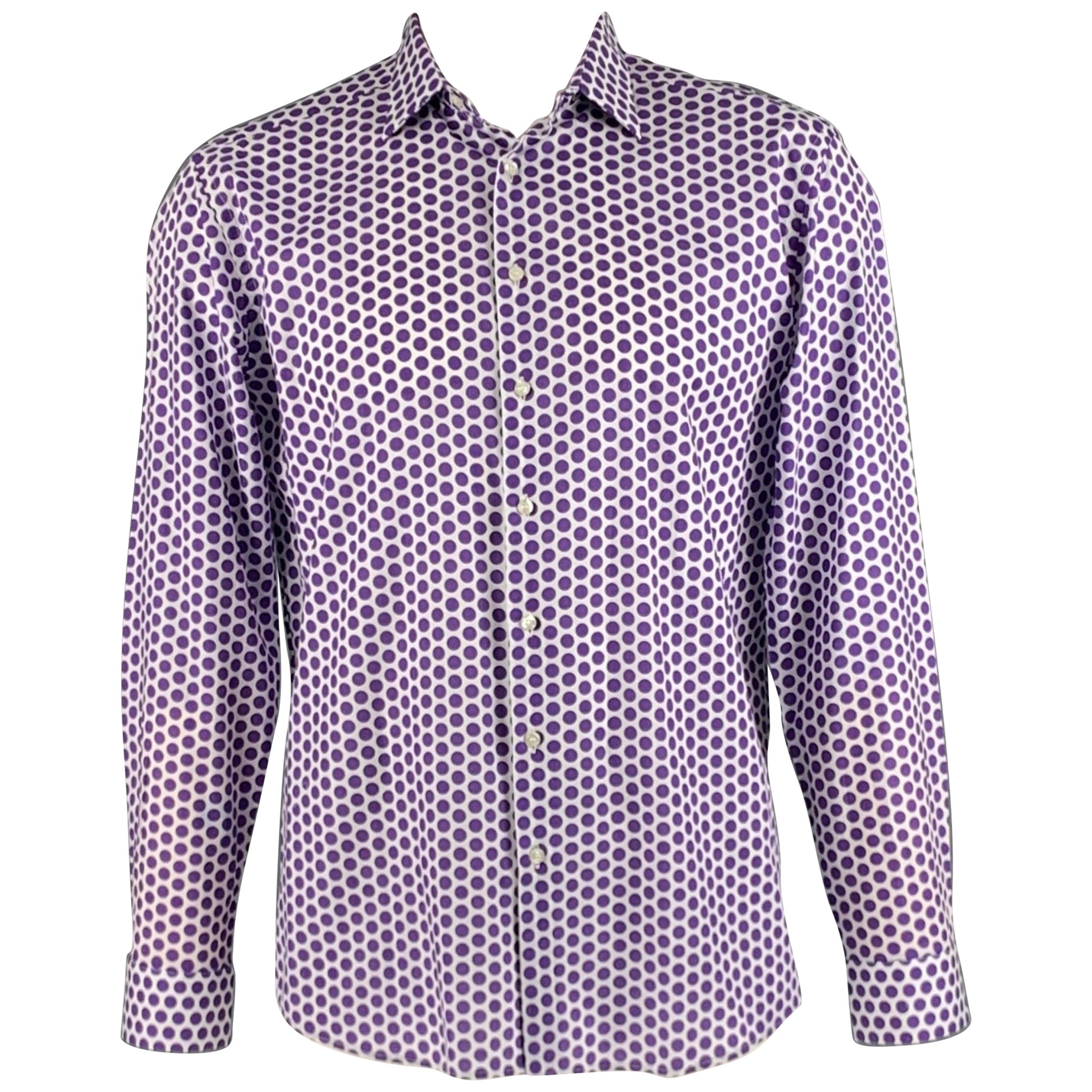 ETRO Size L Purple White Polka Dot Cotton Button Up Long Sleeve Shirt For Sale