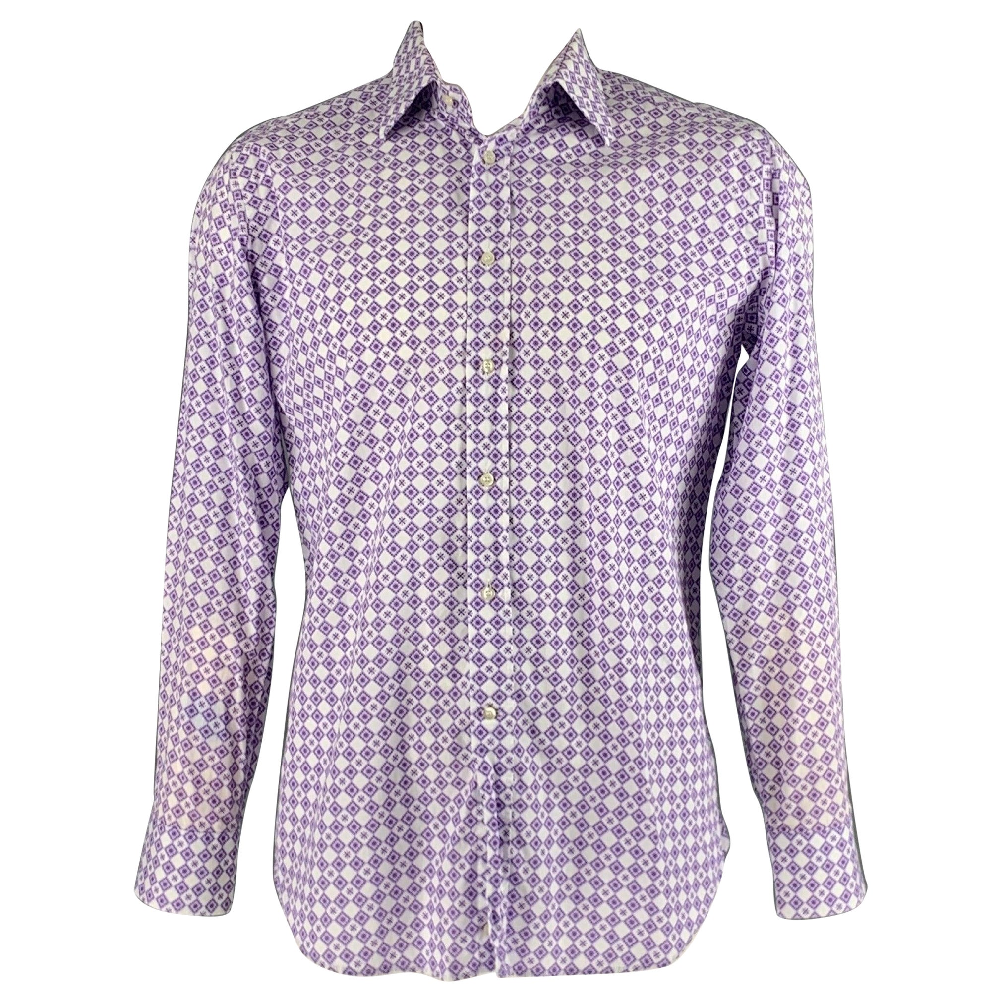 ETRO Size L Purple White Rhombus Cotton Button Up Long Sleeve Shirt For Sale