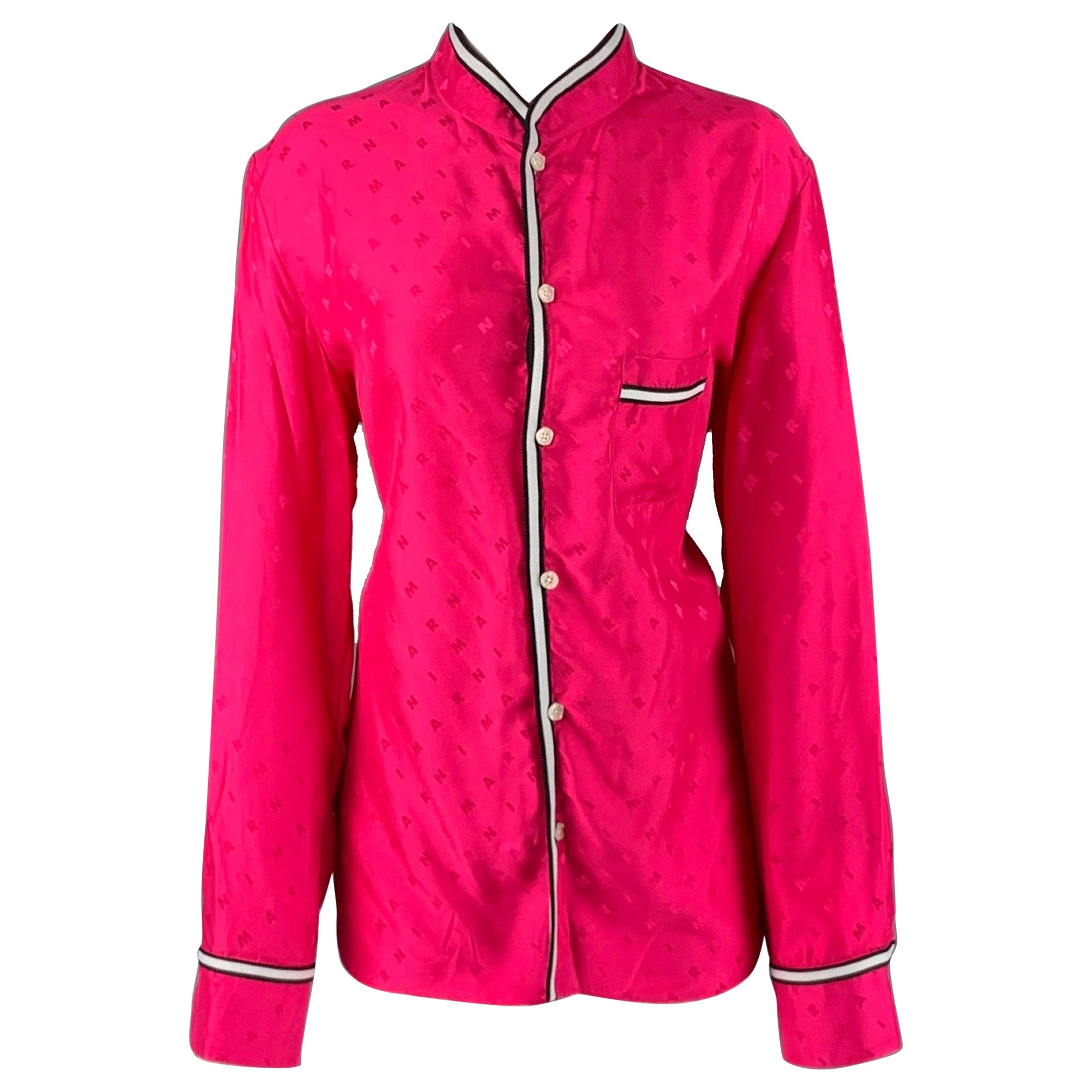MARNI Size M Pink Monogram Viscose Nehru Collar Long Sleeve Shirt For Sale