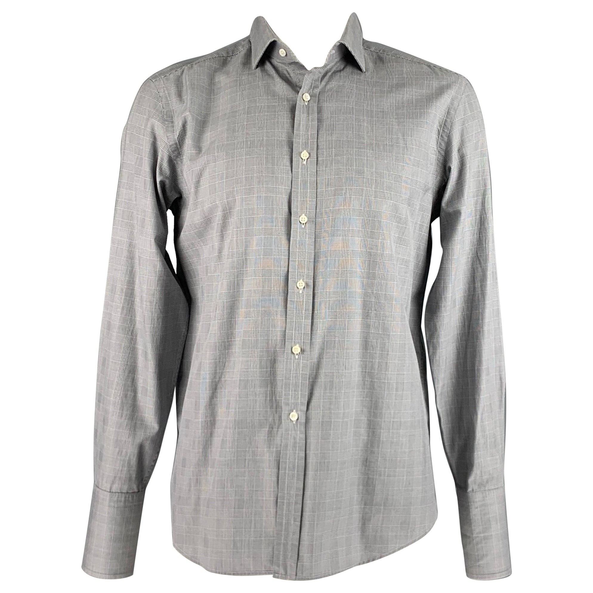RALPH LAUREN Size L Grey Plaid Cotton French Cuff Long Sleeve Shirt For Sale