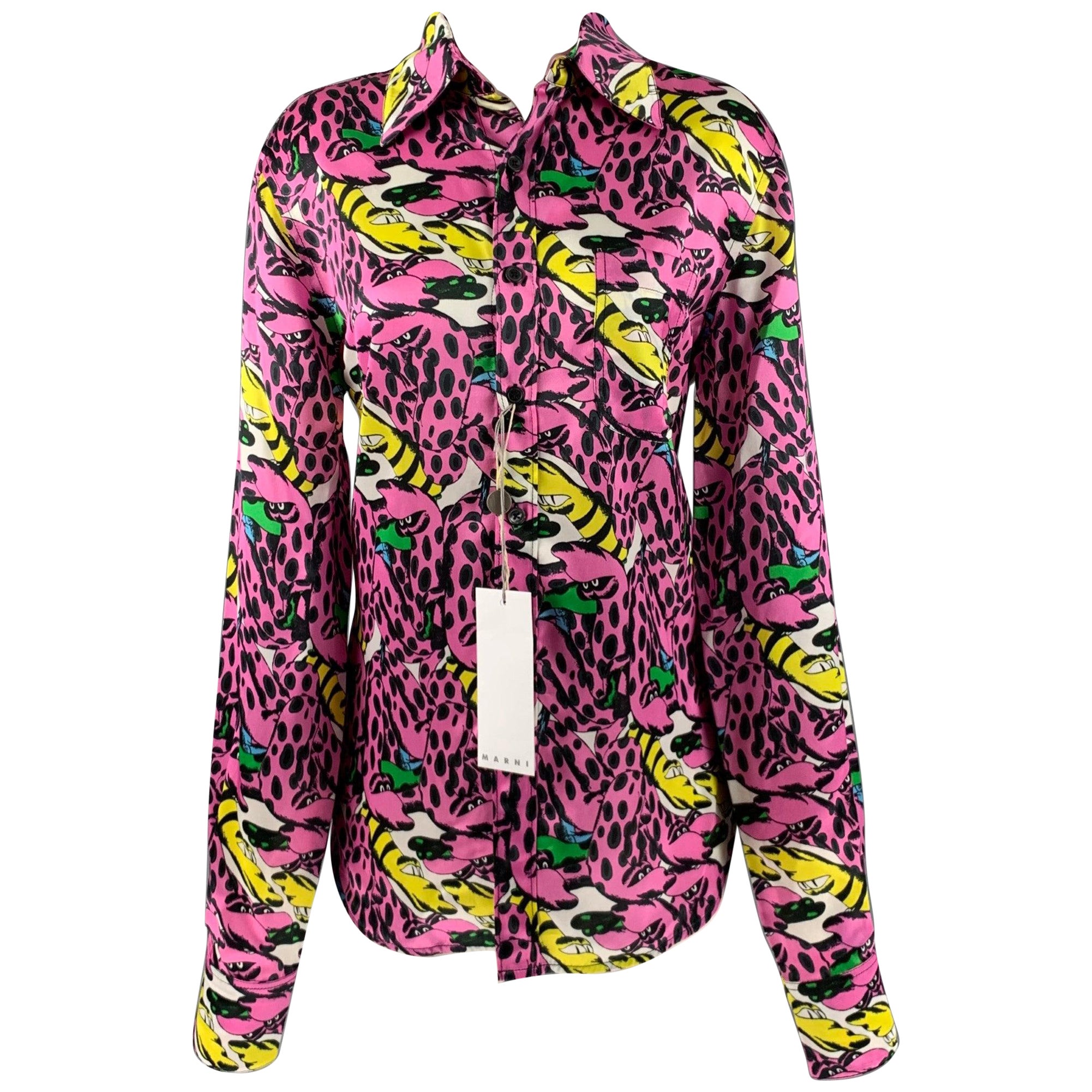 MARNI Size S Pink Multi-Color Viscose Print Button Up Shirt For Sale