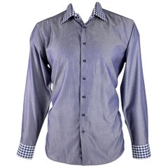 ETRO Size L Navy White Zig Zag Cotton Button Up Long Sleeve Shirt