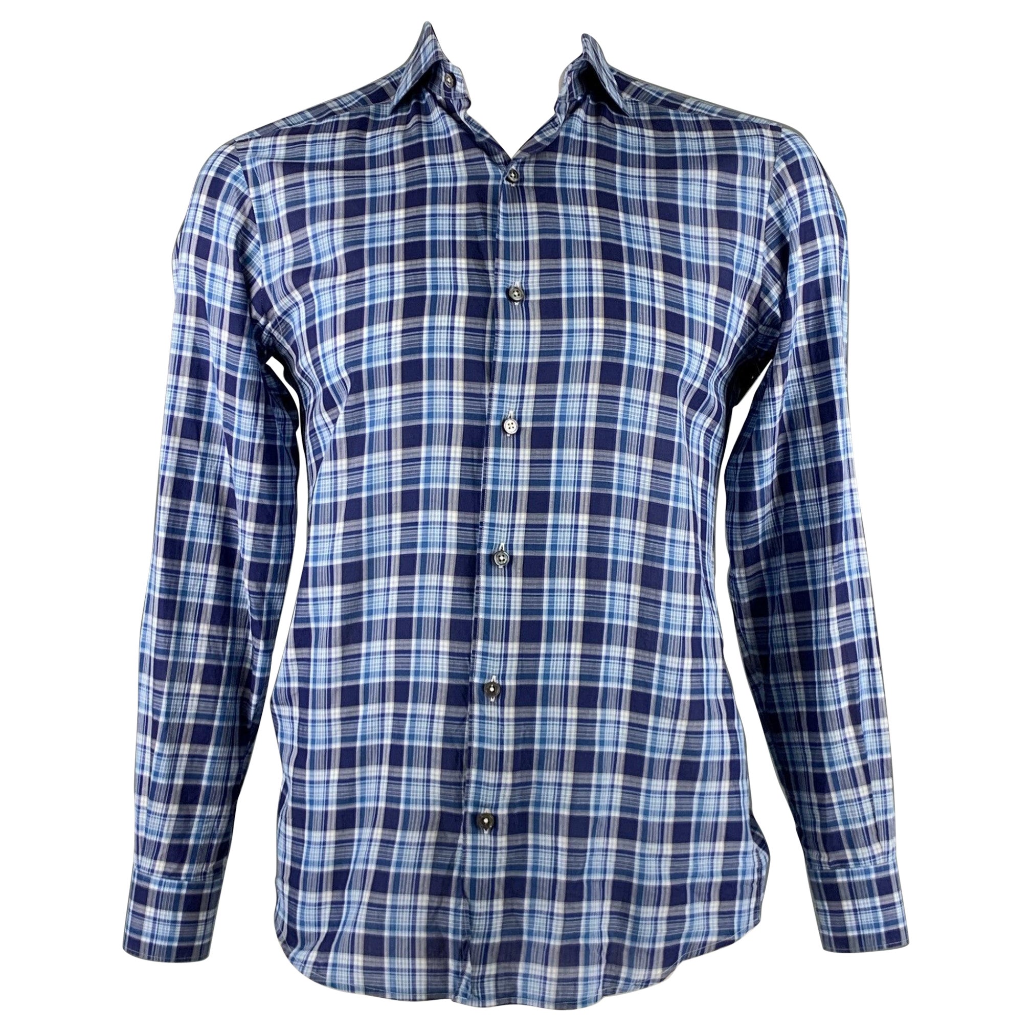 ERMENEGILDO ZEGNA Size M Blue White Plaid Cotton Long Sleeve Shirt For Sale