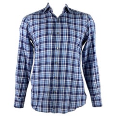 ERMENEGILDO ZEGNA Size M Blue White Plaid Cotton Long Sleeve Shirt