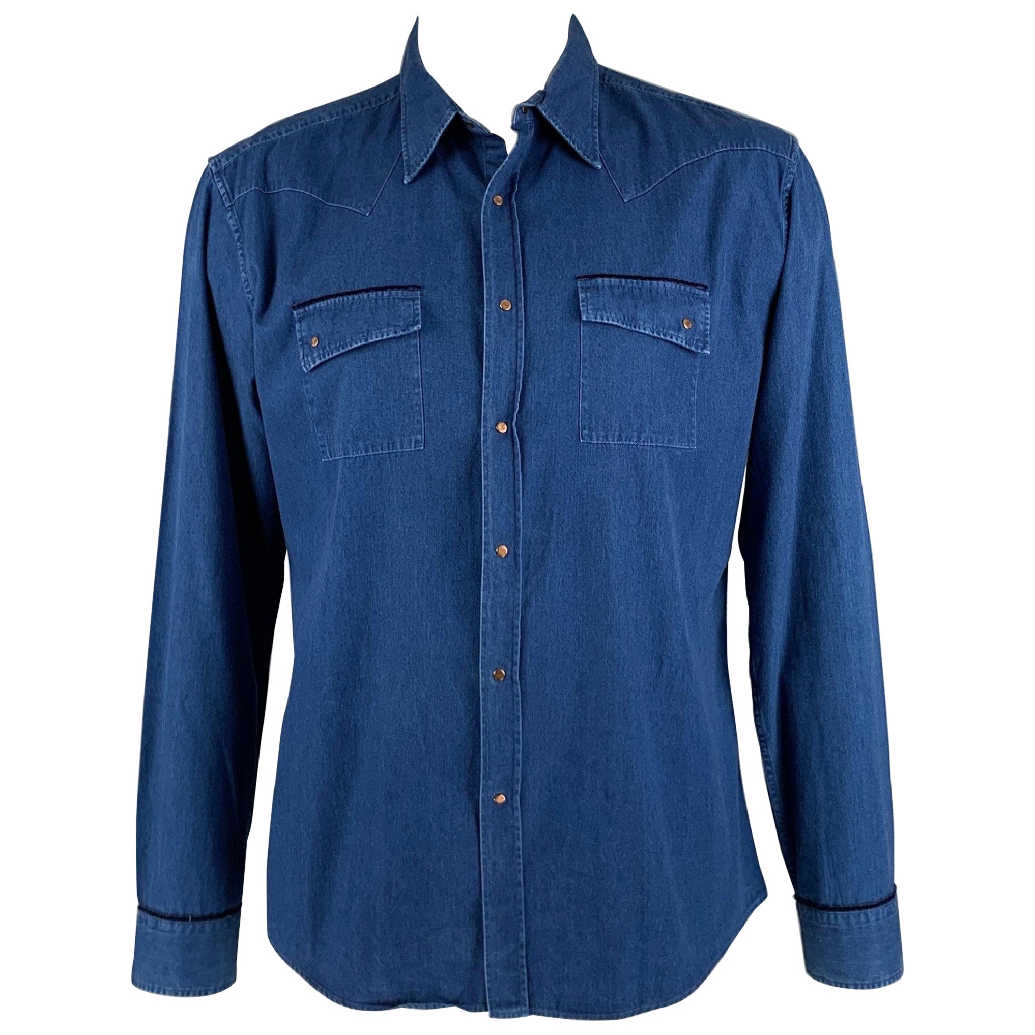 ETRO Size XL Indigo Cotton Snaps Long Sleeve Shirt For Sale