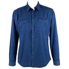 ETRO Size XL Indigo Cotton Snaps Long Sleeve Shirt