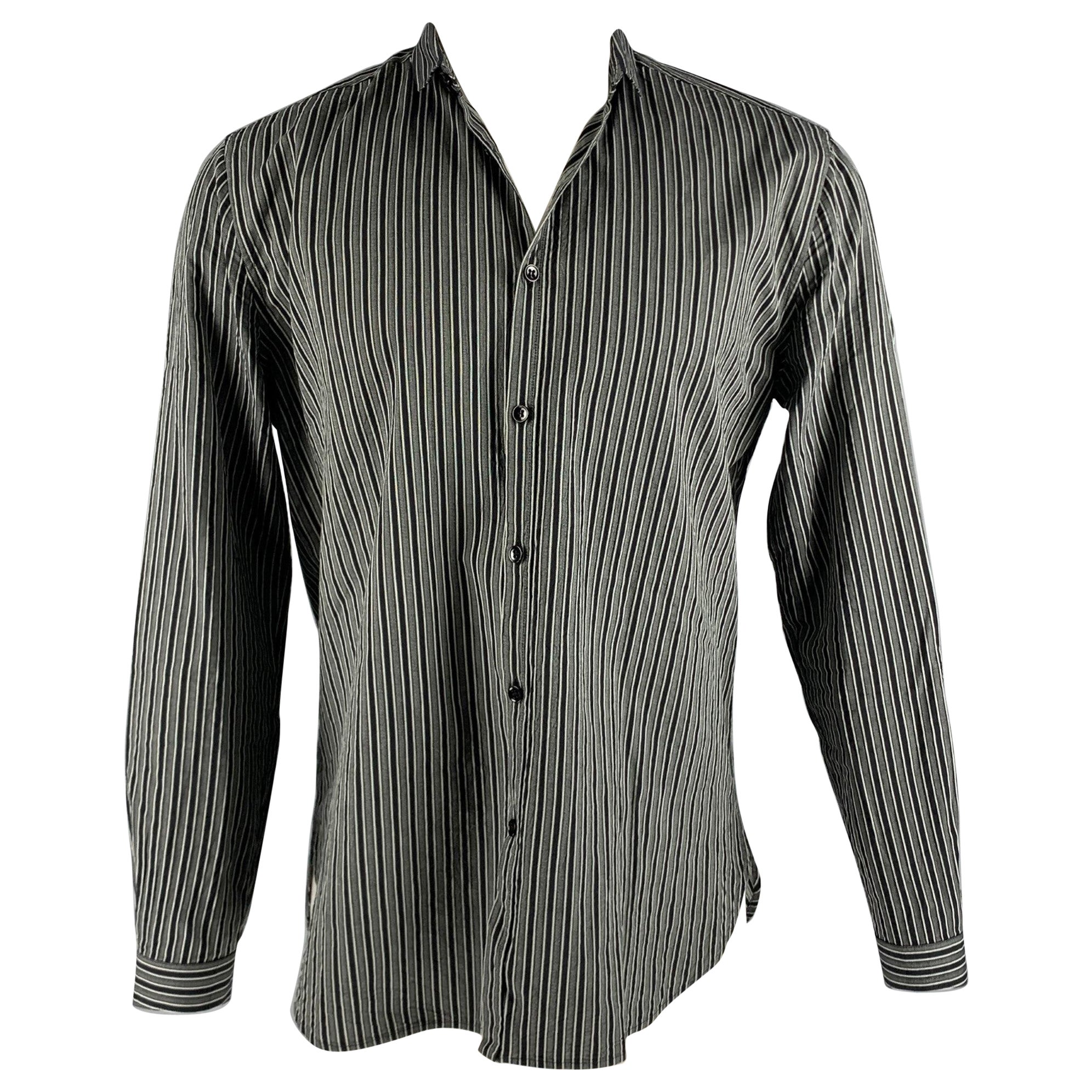 SAINT LAURENT Size M Black Grey Stripe Cotton Long Sleeve Shirt For Sale