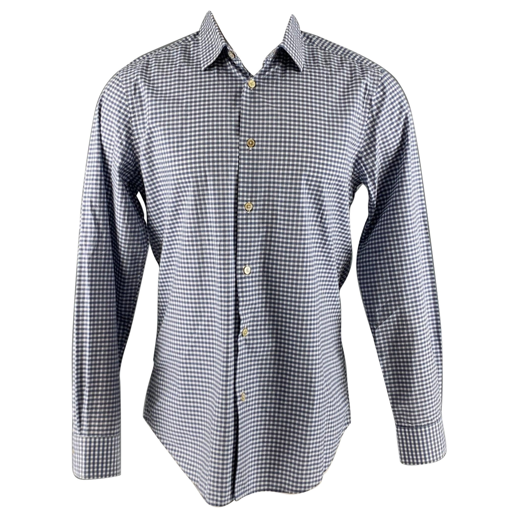 PAUL SMITH Size M Blue White Gingham Cotton Long Sleeve Shirt For Sale