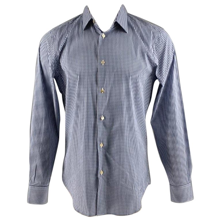 PAUL SMITH Size M Blue White Gingham Cotton Elastane Long Sleeve Shirt For Sale