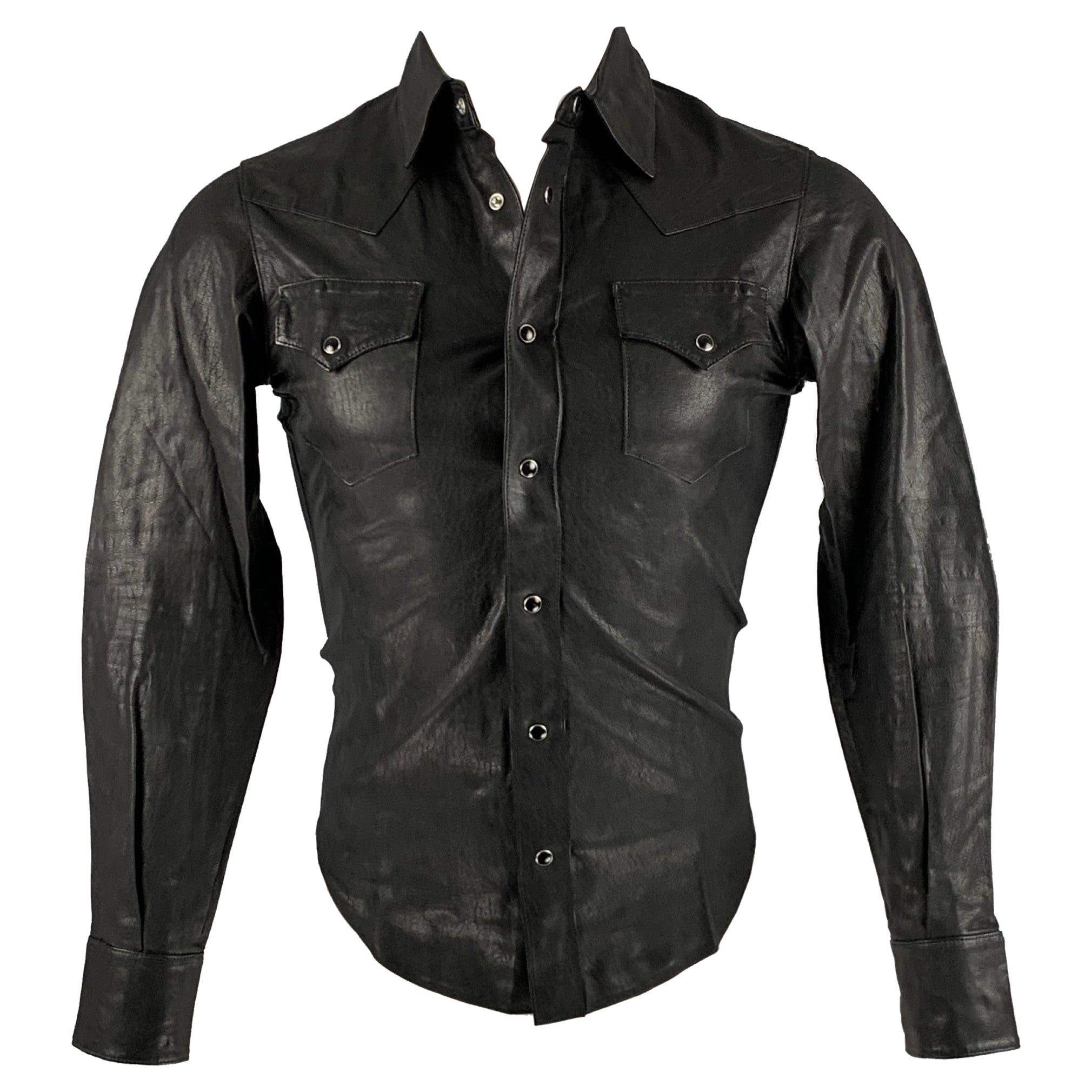 SAINT LAURENT Size 34 Black Leather Western Long Sleeve Shirt