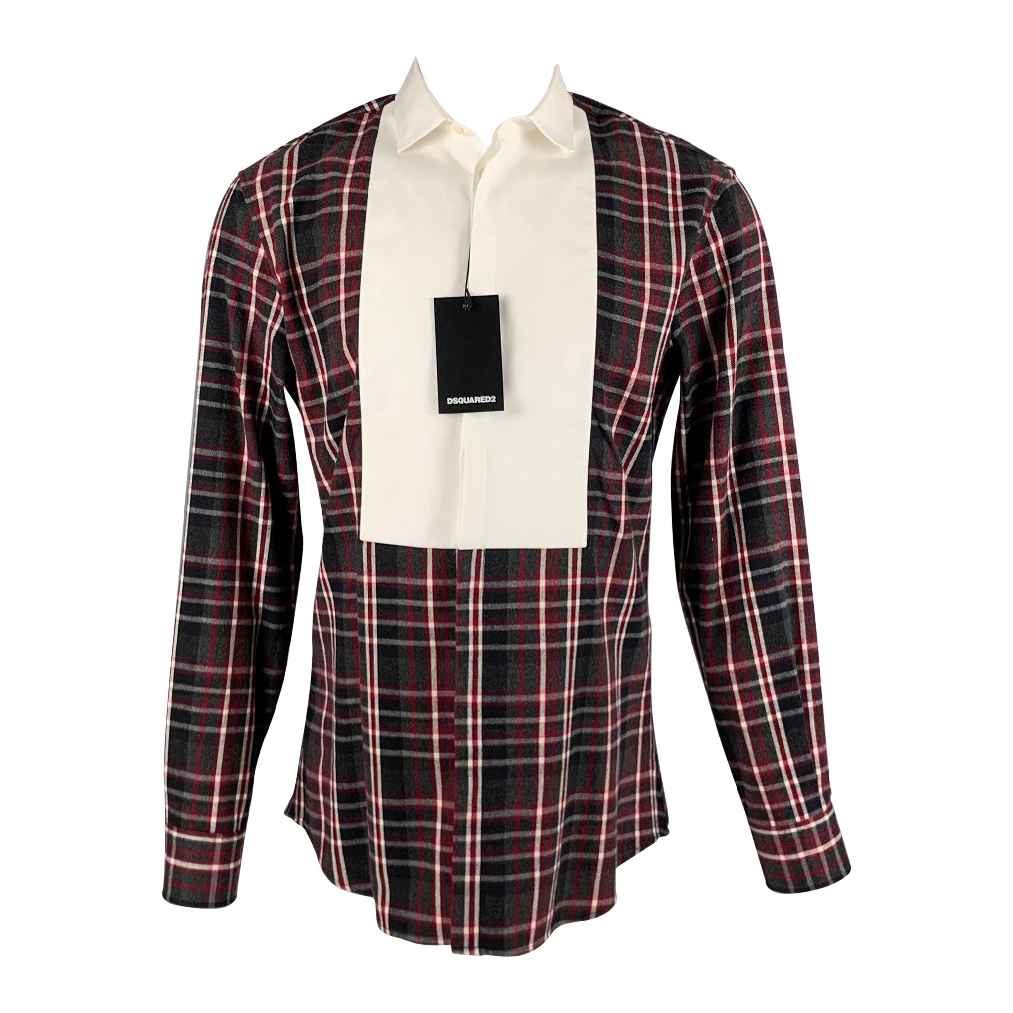 DSQUARED2 Size S Grey Black Red Plaid Cotton Tuxedo Long Sleeve Shirt For Sale