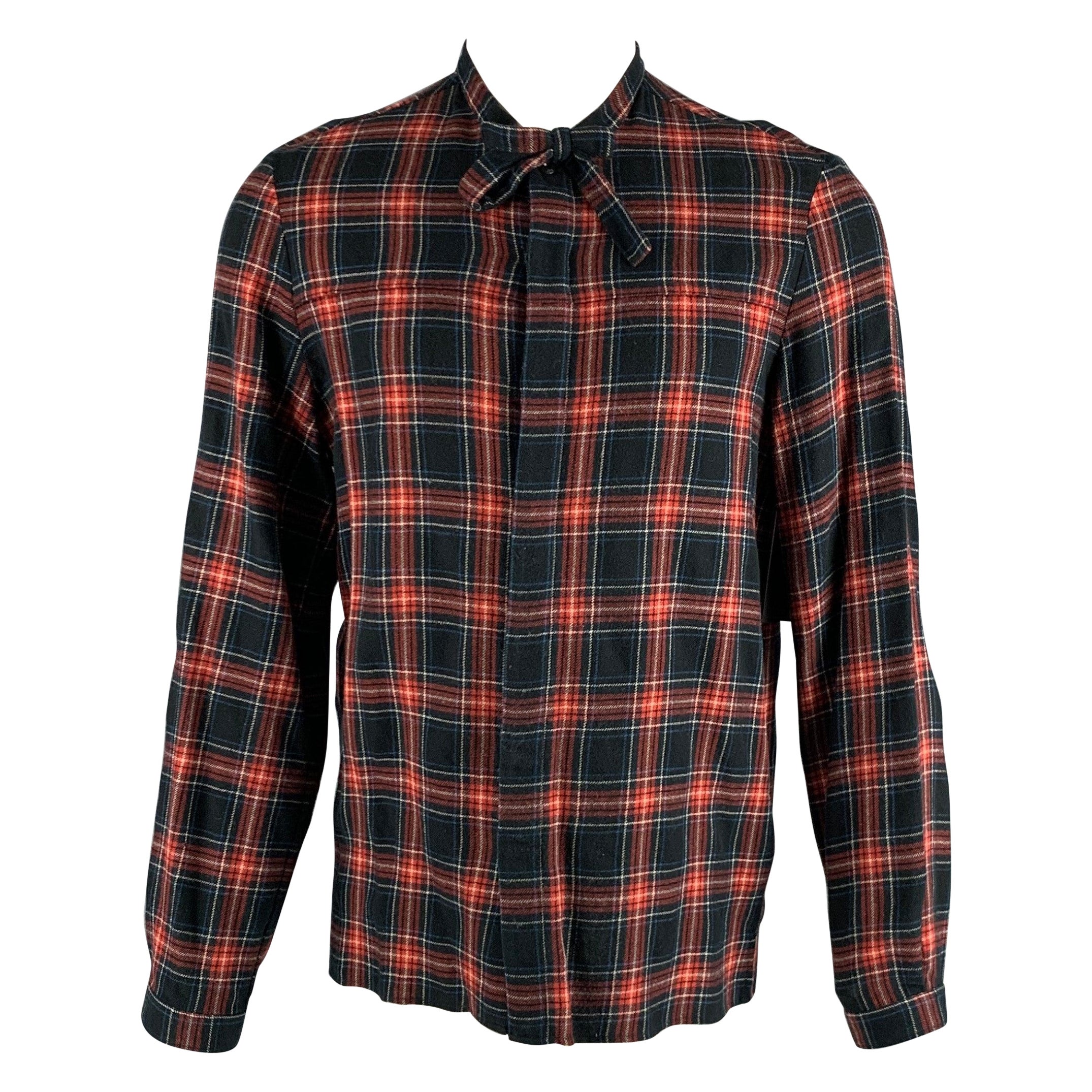 GUCCI Size M Black Red Blue Plaid Cotton Bow Long Sleeve Shirt For Sale