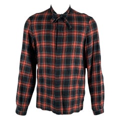 GUCCI Size M Black Red Blue Plaid Cotton Bow Long Sleeve Shirt