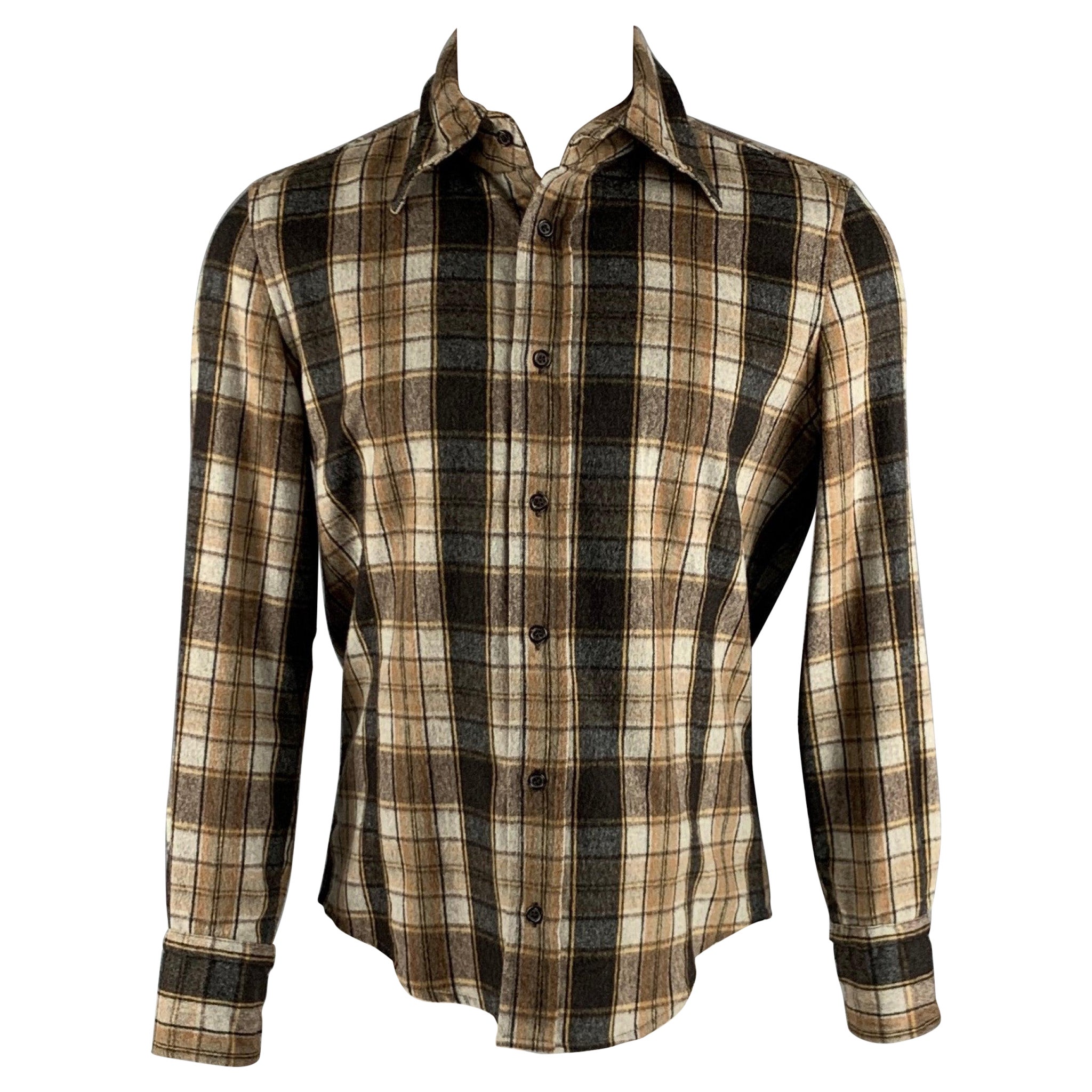 DSQUARED2 Size M Brown Beige Plaid Wool Polyester Long Sleeve Shirt For Sale