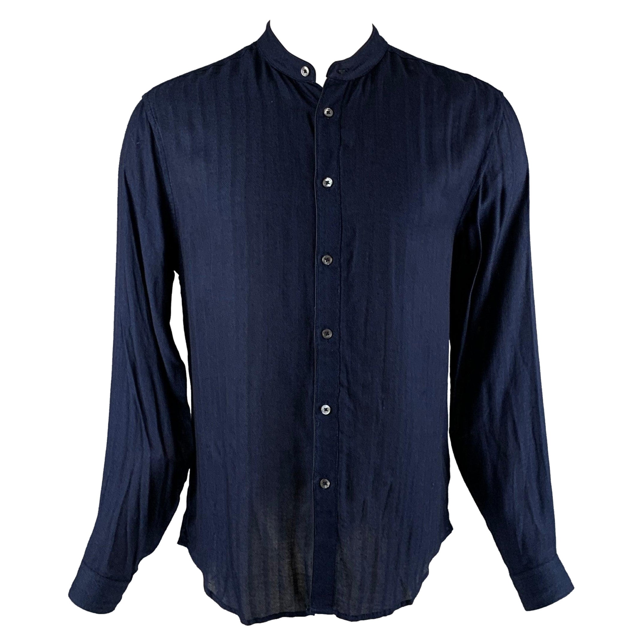 JOHN VARVATOS Size S Blue Navy Textured Viscose Nehru Collar Long Sleeve Shirt For Sale