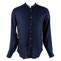 JOHN VARVATOS Size S Blue Navy Textured Viscose Nehru Collar Long Sleeve Shirt