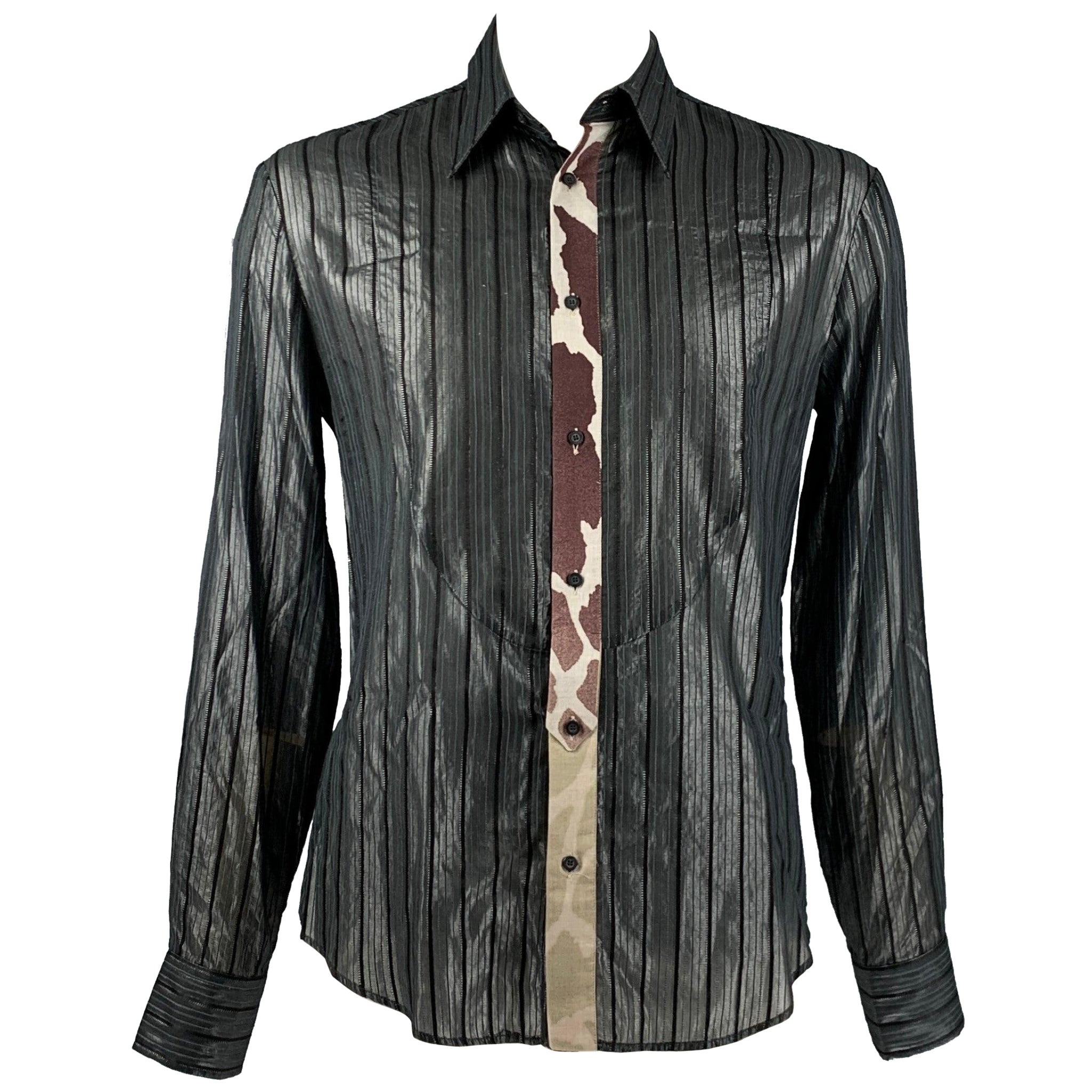 JUST CAVALLI Size L Black Stripe Viscose Blend Button Up Long Sleeve Shirt For Sale