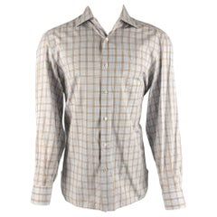 Isaia Size M Blue Brown Plaid Cotton Long Sleeve Shirt (Chemise à manches longues en coton)