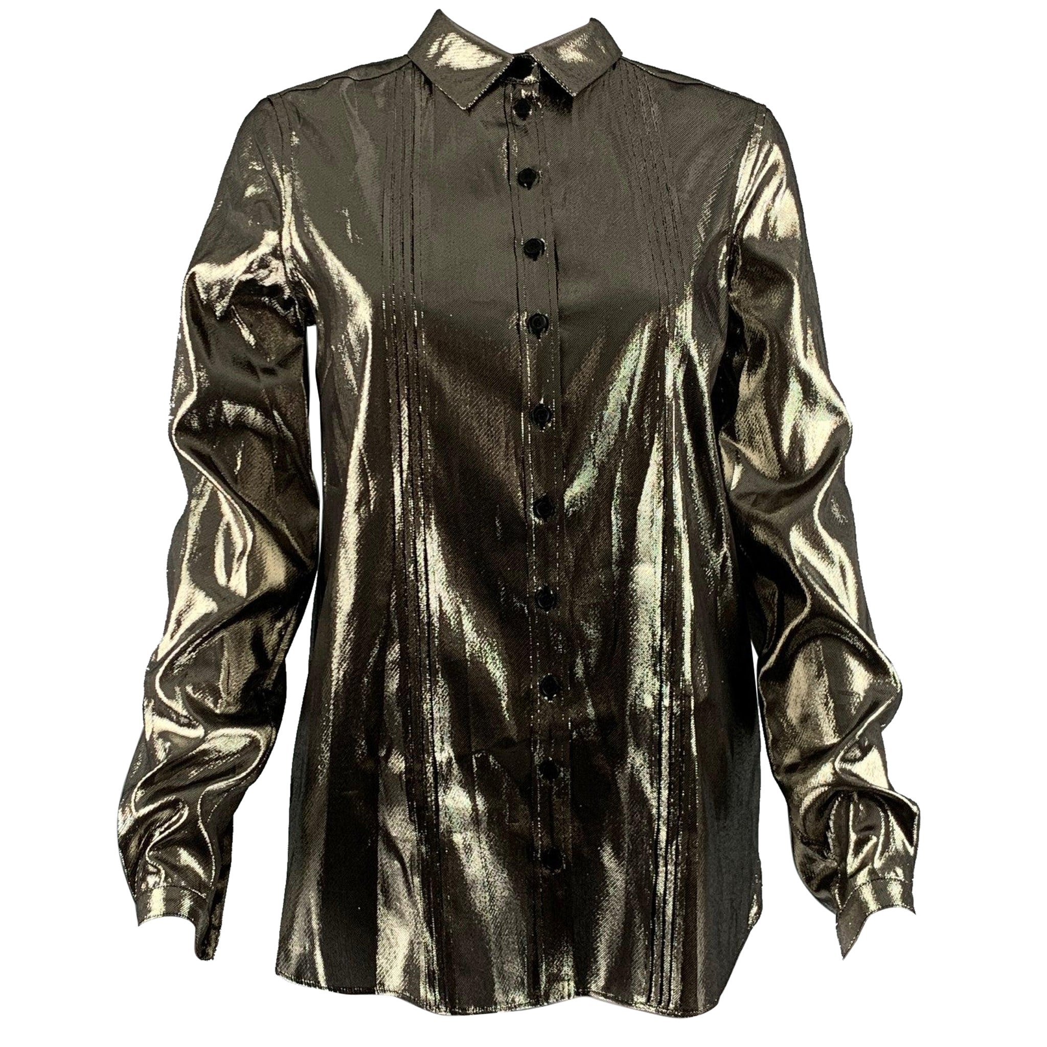 BURBERRY Size 4 Gold Silk Metallic Button Up Shirt For Sale