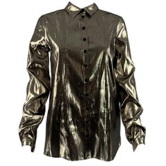 BURBERRY Size 4 Gold Silk Metallic Button Up Shirt