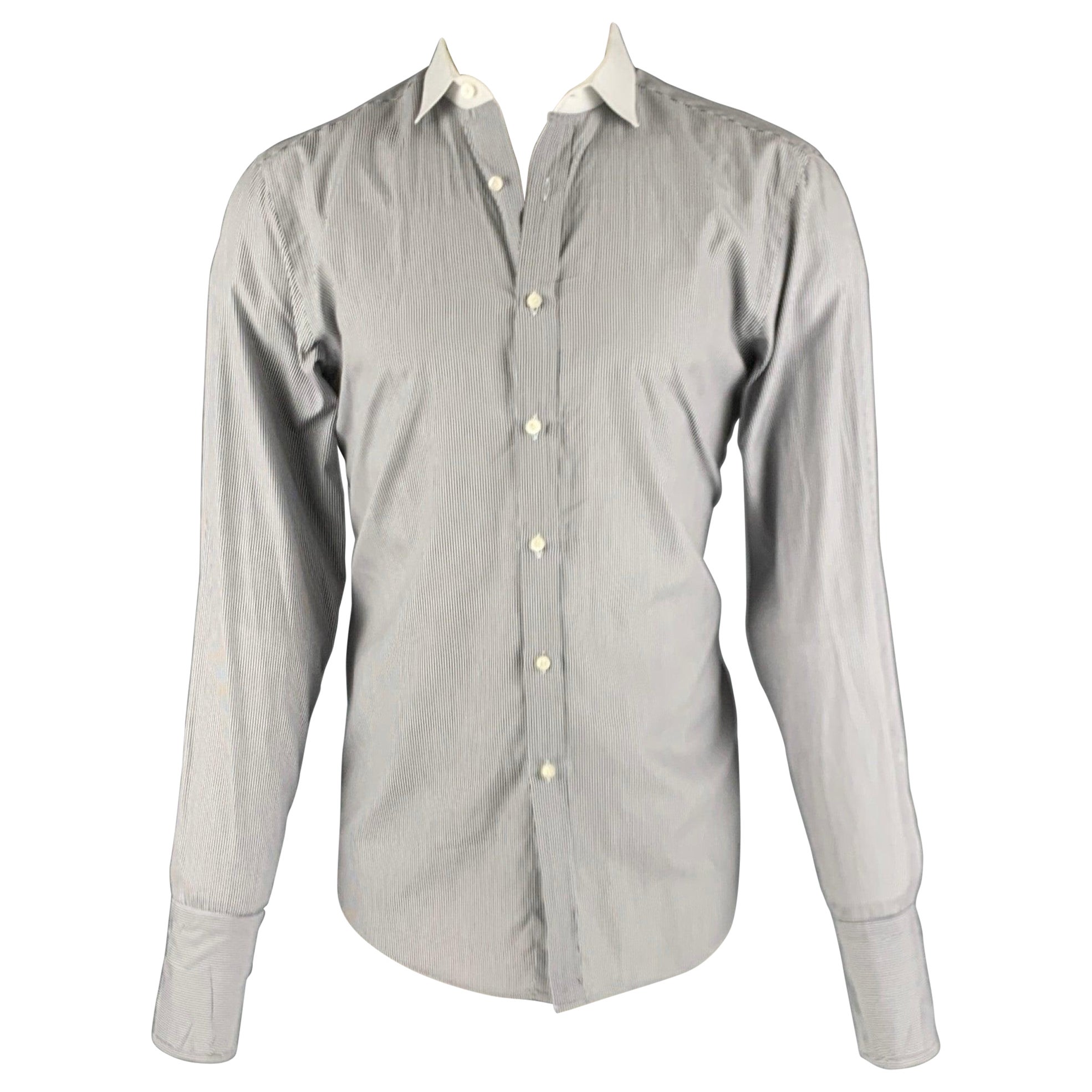 RALPH LAUREN Size M White Black Stripe Cotton French Cuff Long Sleeve Shirt (Chemise à manches longues en coton à rayures blanches et noires) en vente
