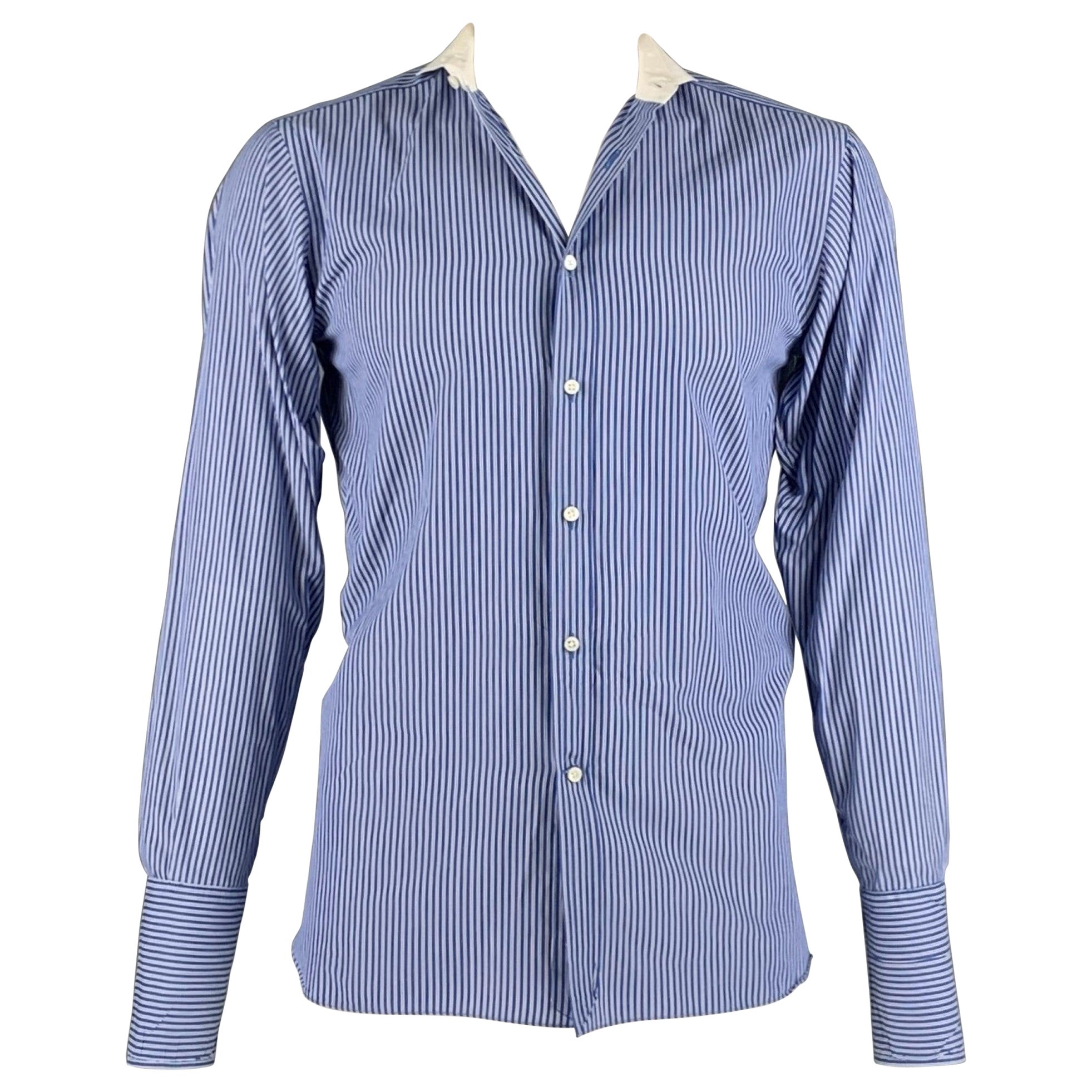RALPH LAUREN Size L Blue White Stripe Cotton French Cuff Long Sleeve Shirt For Sale