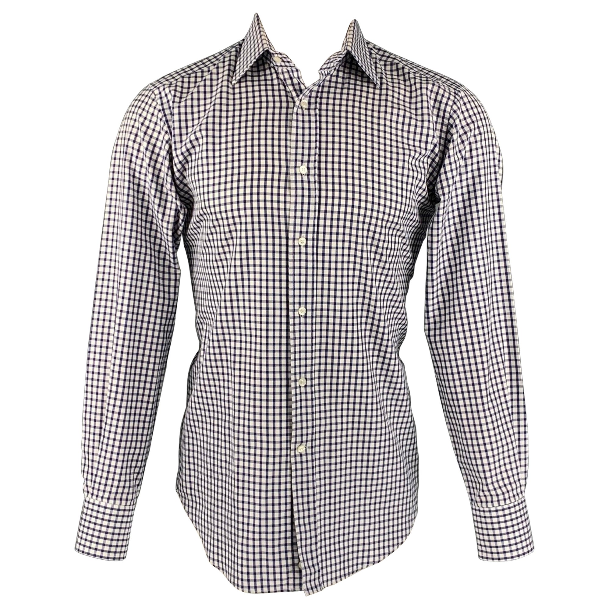 ETRO Size M White Blue Checkered Long Sleeve Shirt For Sale
