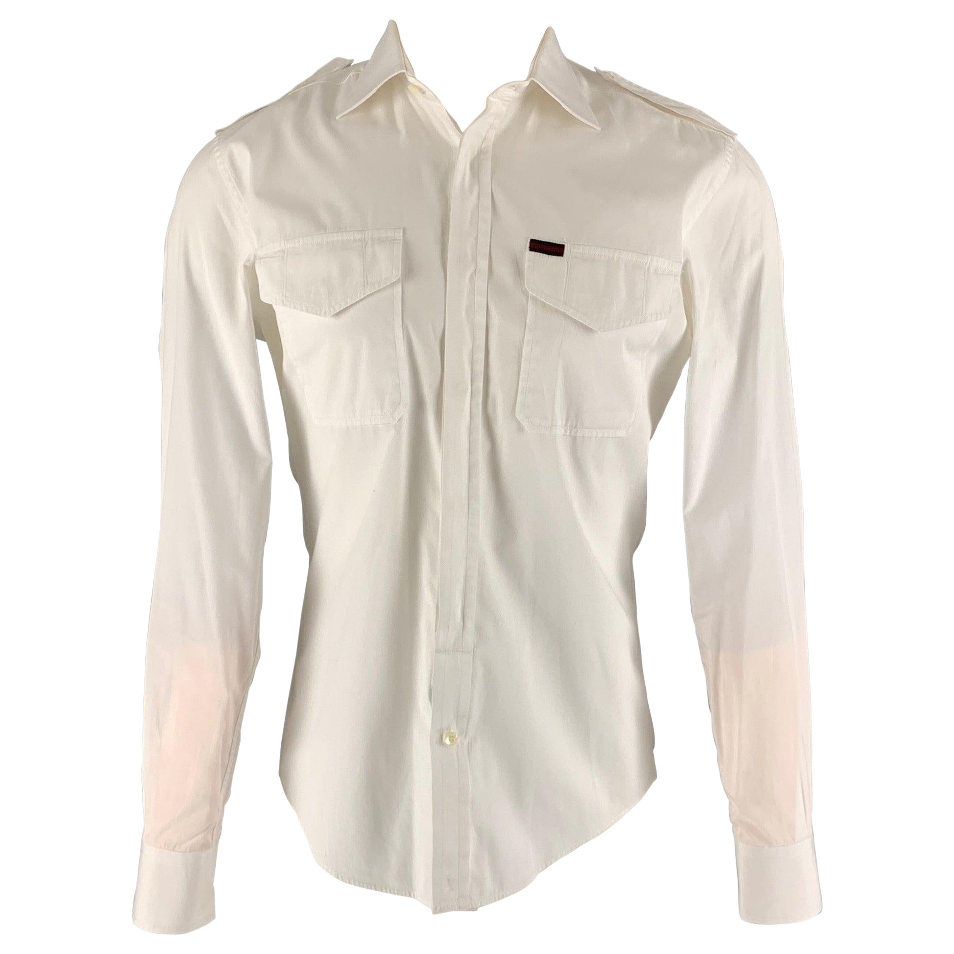 GUCCI Size M White Cotton Epaulettes Long Sleeve Shirt For Sale