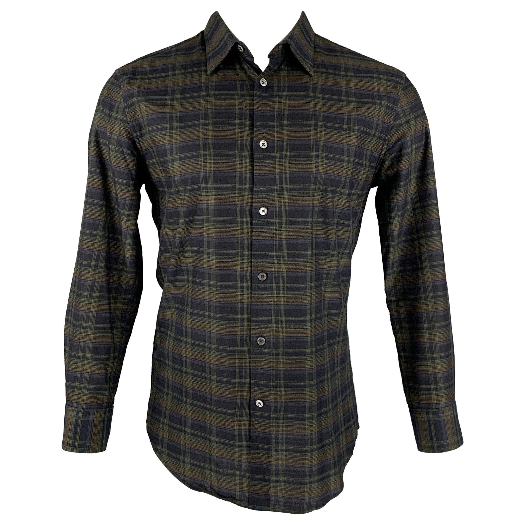 JOHN VARVATOS Size S Black Green Plaid Cotton Long Sleeve Shirt For Sale
