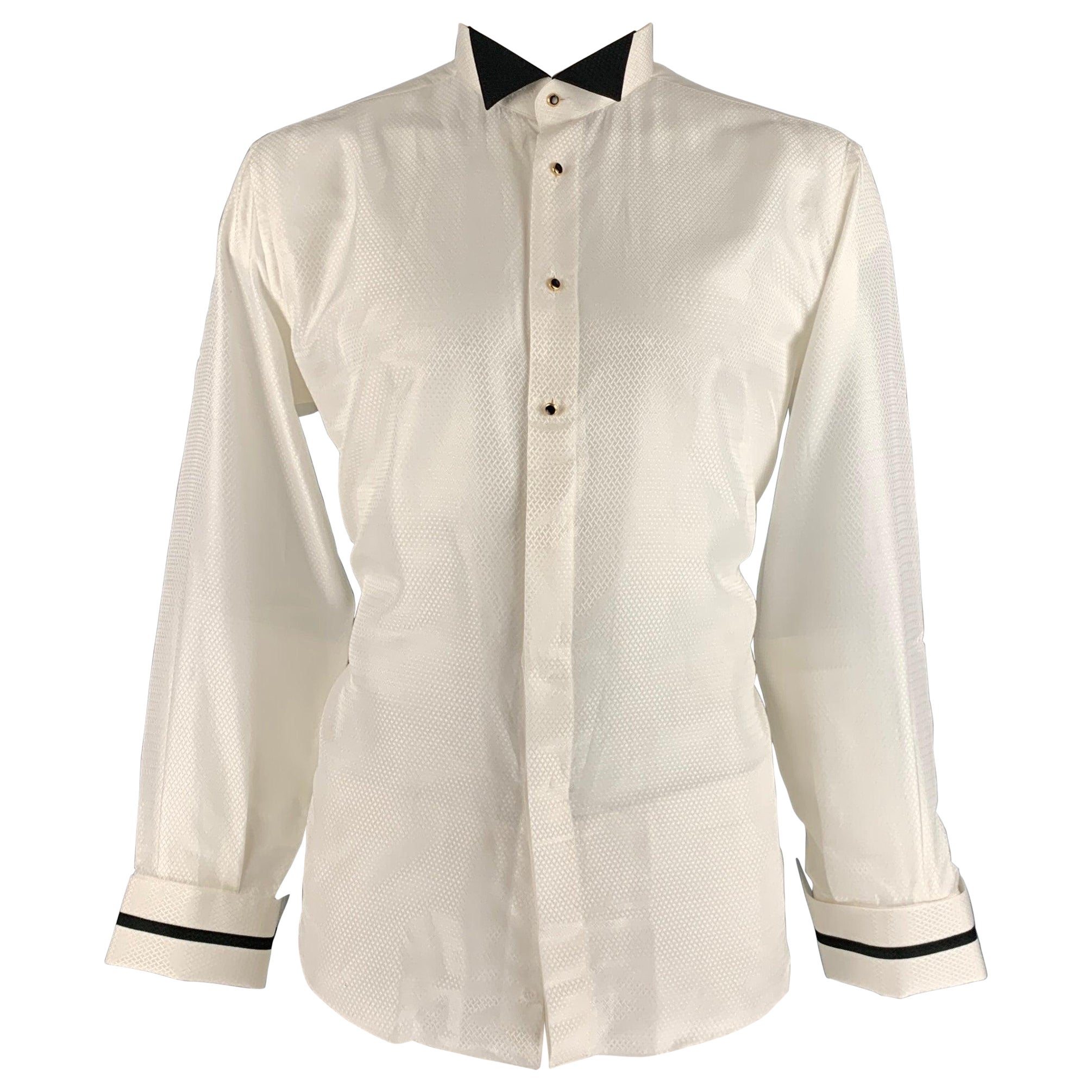 BRIONI Size XL Off White Jacquard Silk Cotton Tuxedo Long Sleeve Shirt For Sale