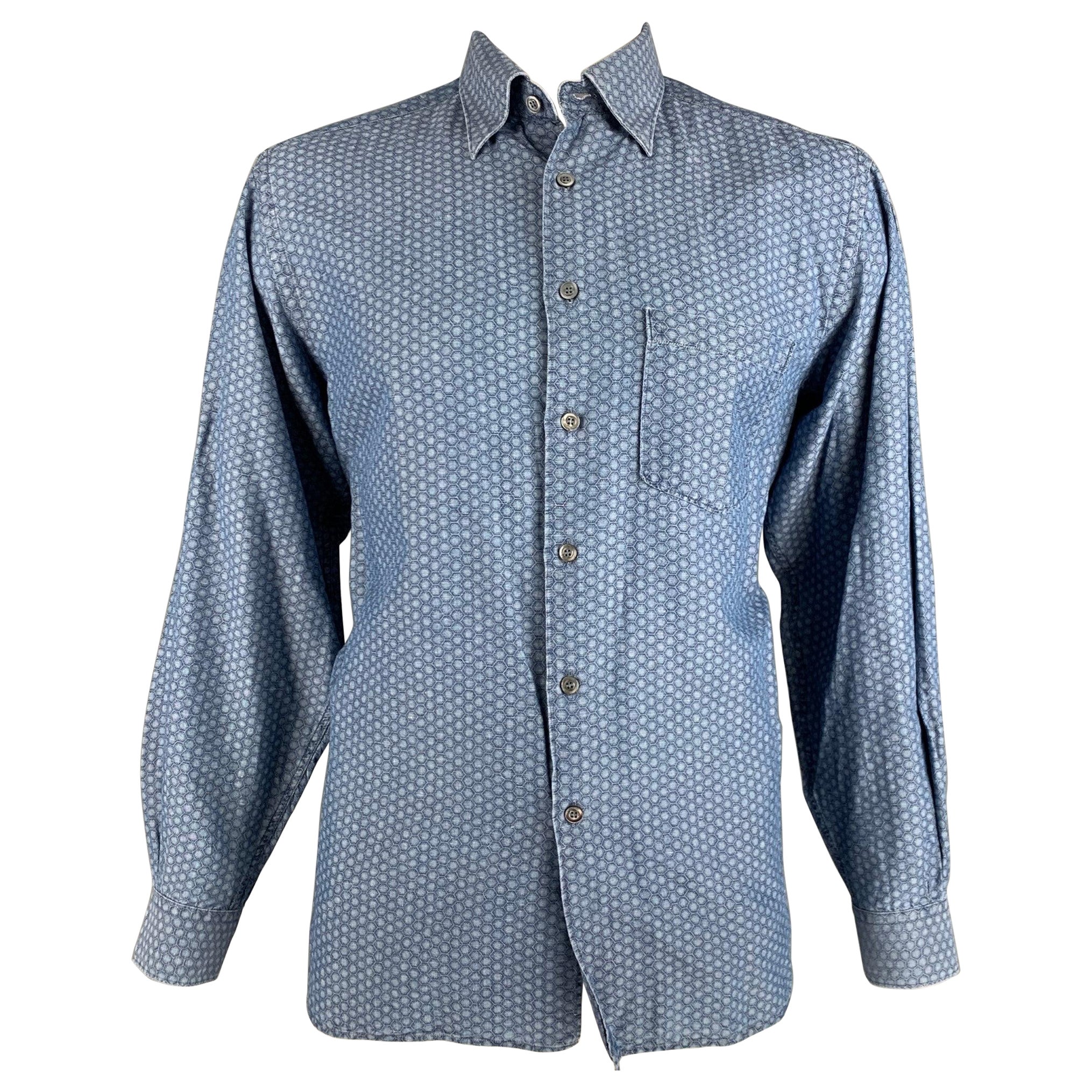 ERMENEGILDO ZEGNA Size L Blue Cotton Linen Long Sleeve Shirt For Sale