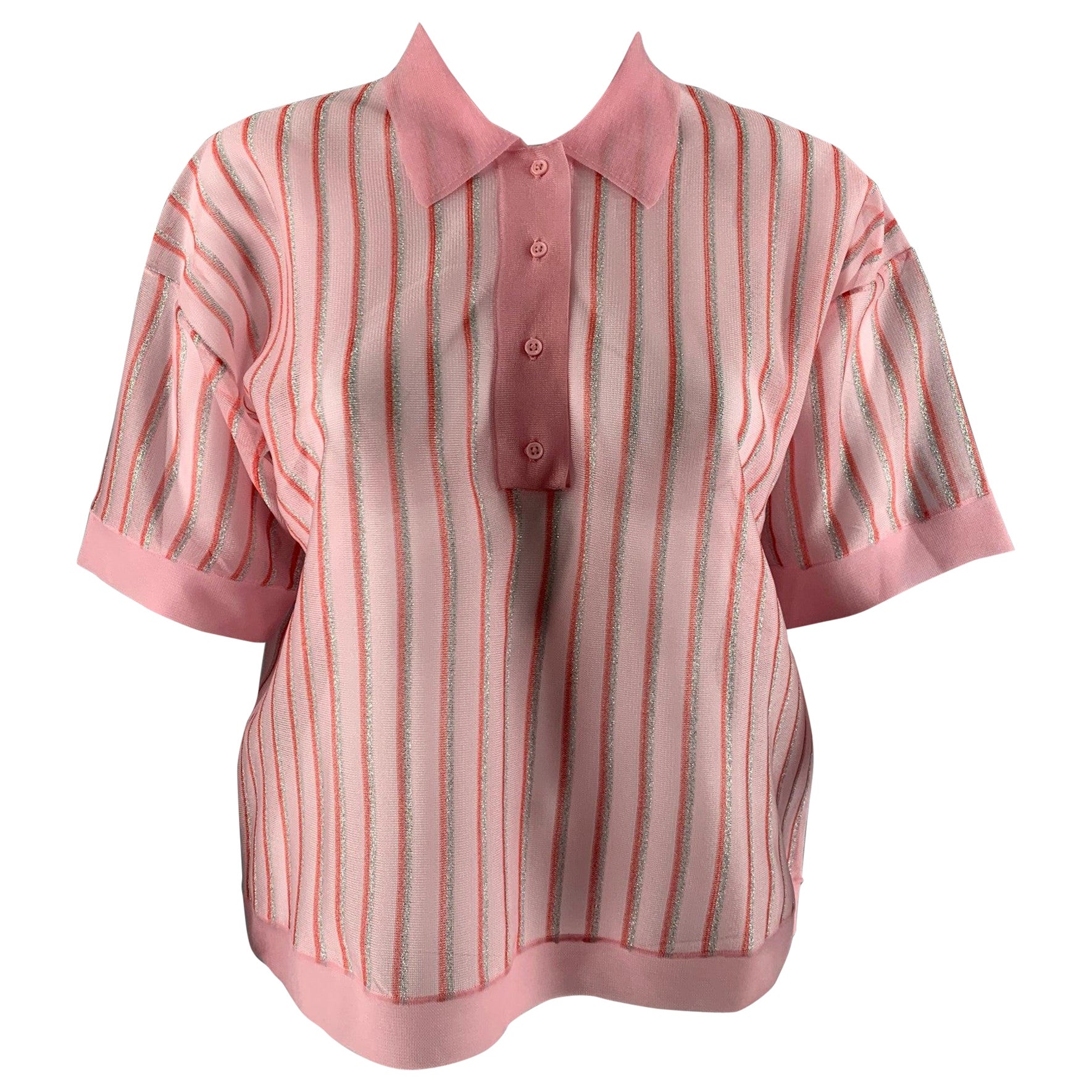 SANDRO Size M Pink Red & Silver Polyester Blend Stripe Cropped Polo Shirt For Sale