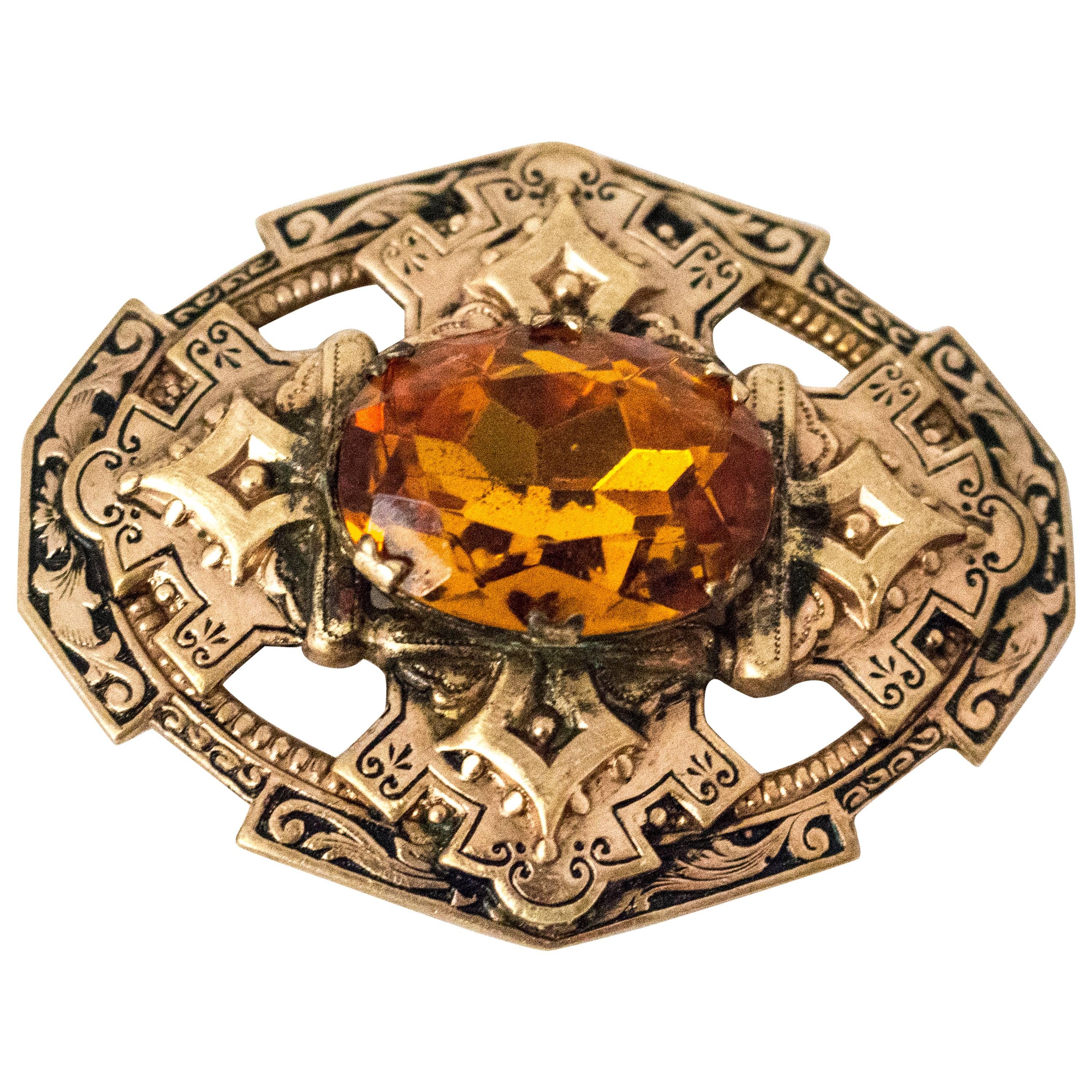 Pre 1920s Edwardian Amber Colored Glass Stone Brooch