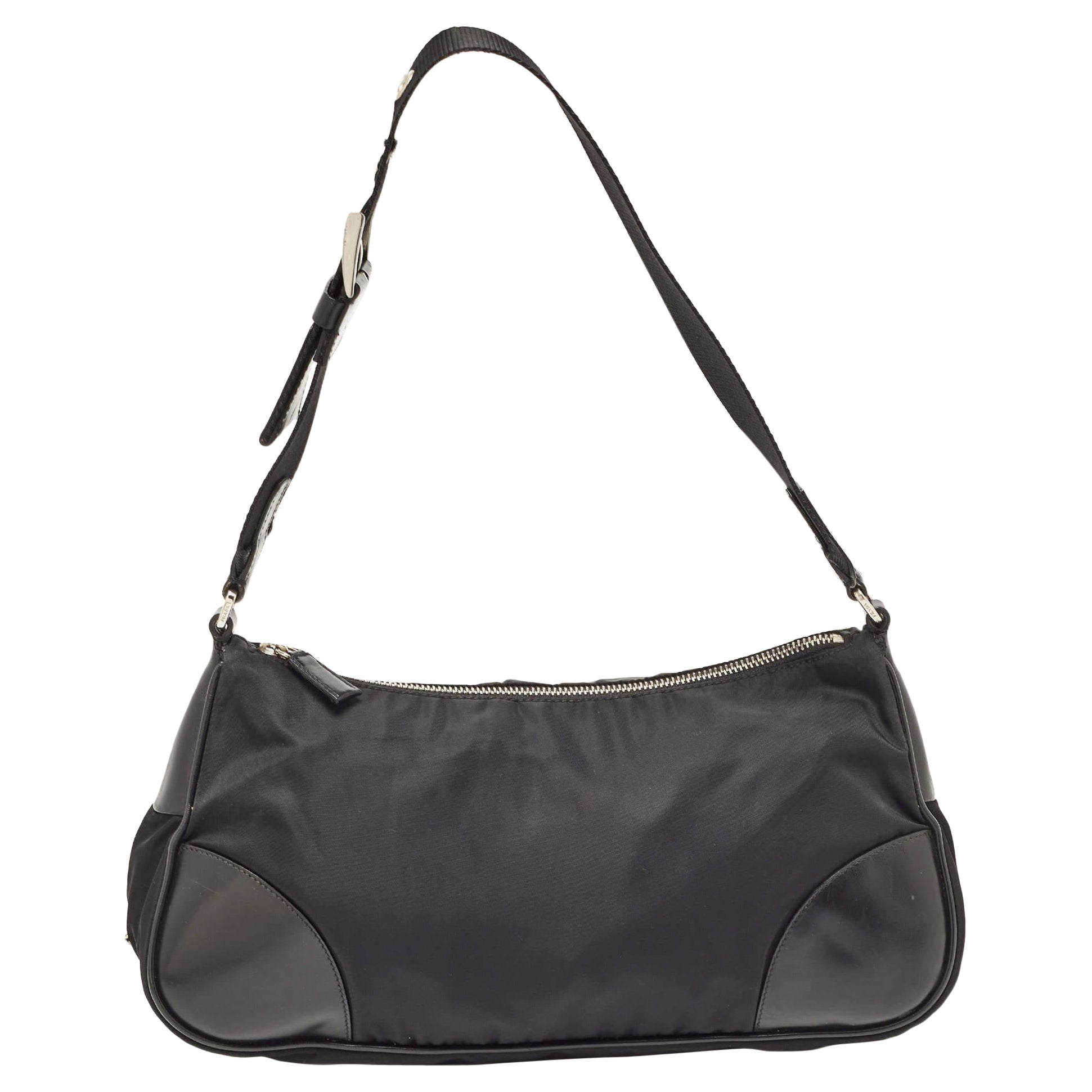 Prada Black Nylon Tessuto and Leather Baguette Bag