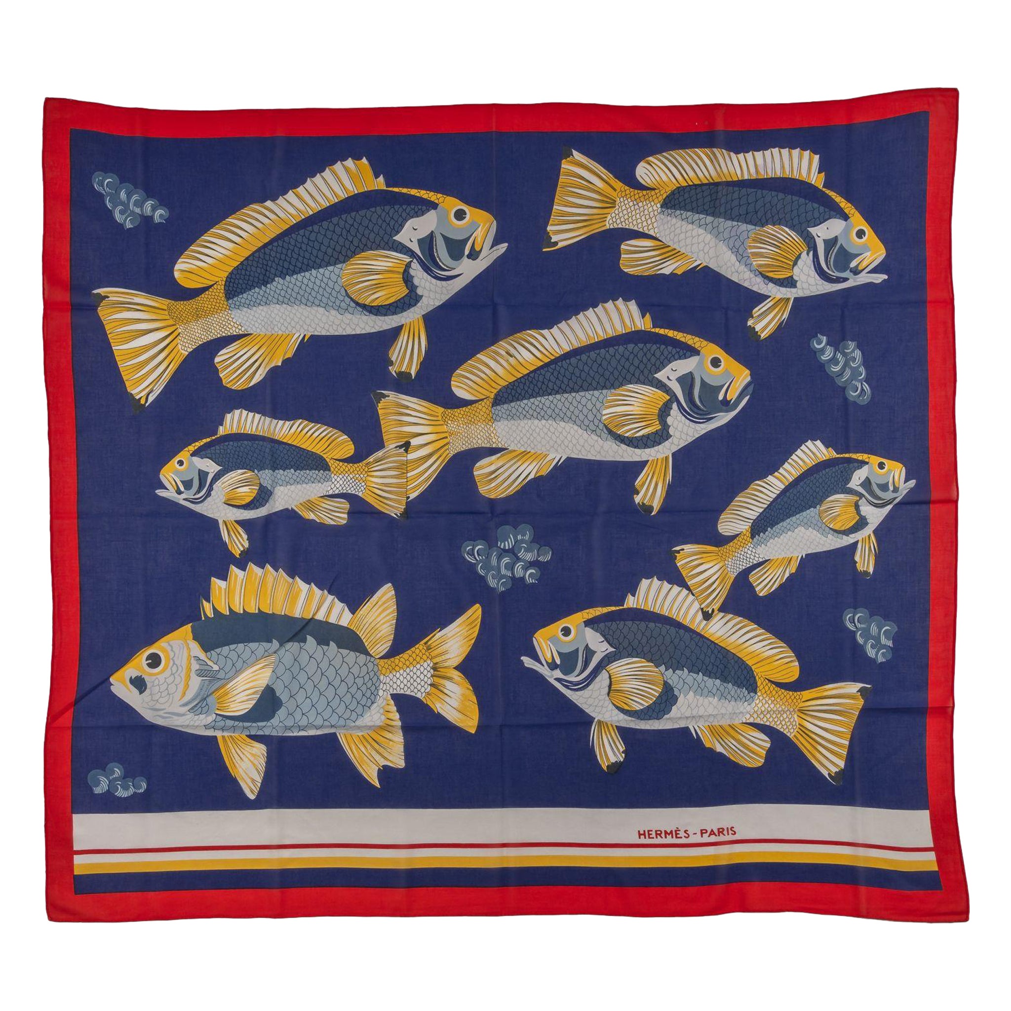 Hermès Navy Fish Cotton Sarong For Sale
