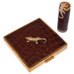 Alligators Abound 1950's Ciner Leather Covered Powder Compact With Lipstick