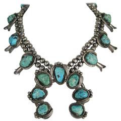 Vintage Navajo pawn Sterling Silver Turquoise Squash Blossom Necklace 