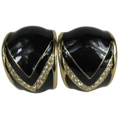 Never Worn Vintage Gilt Gold Ciner Swarovski Black Enamel Crystal Earrings 1980s