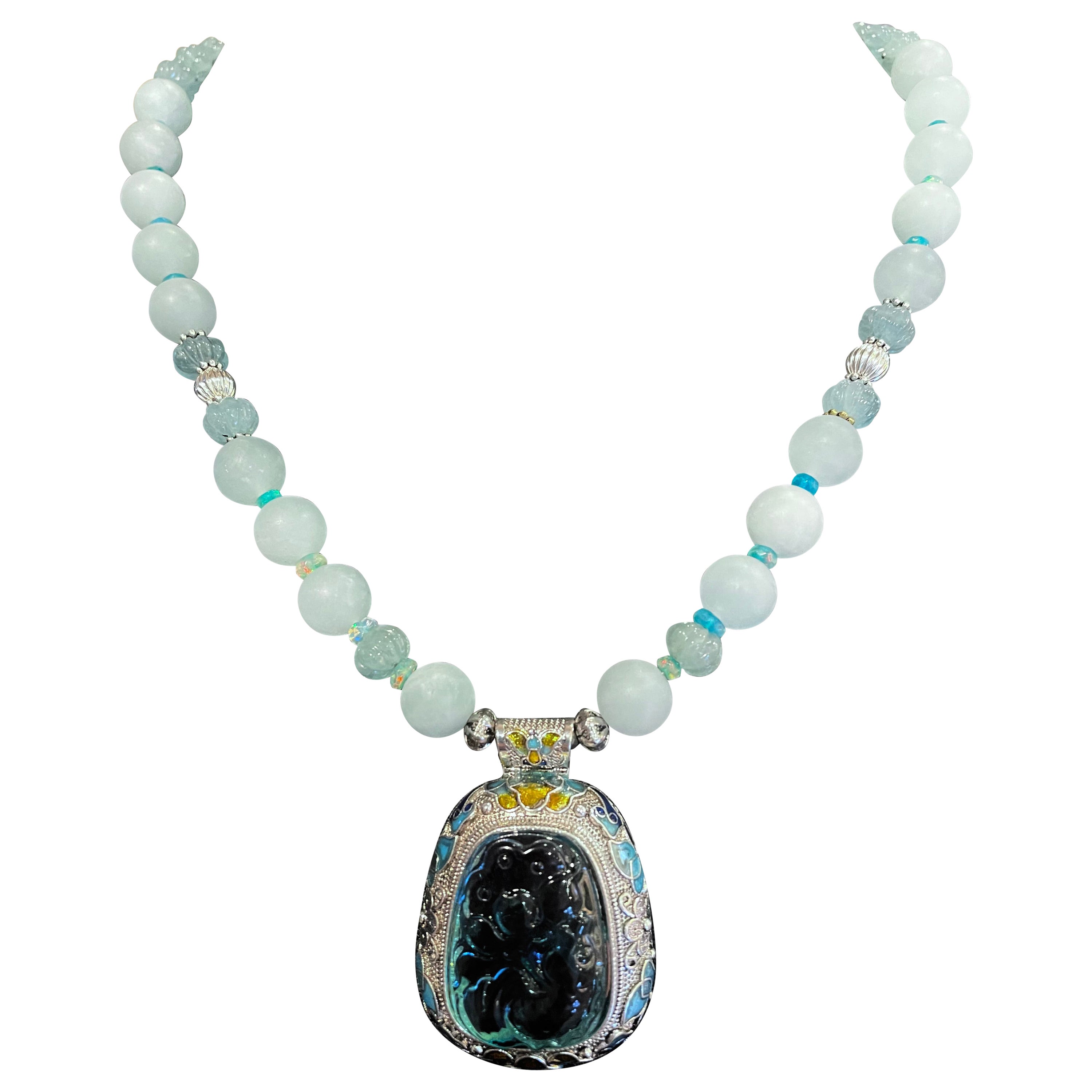 LB offre Collier pendentif chinois en argent sterling verre aigue-marine opale émail en vente