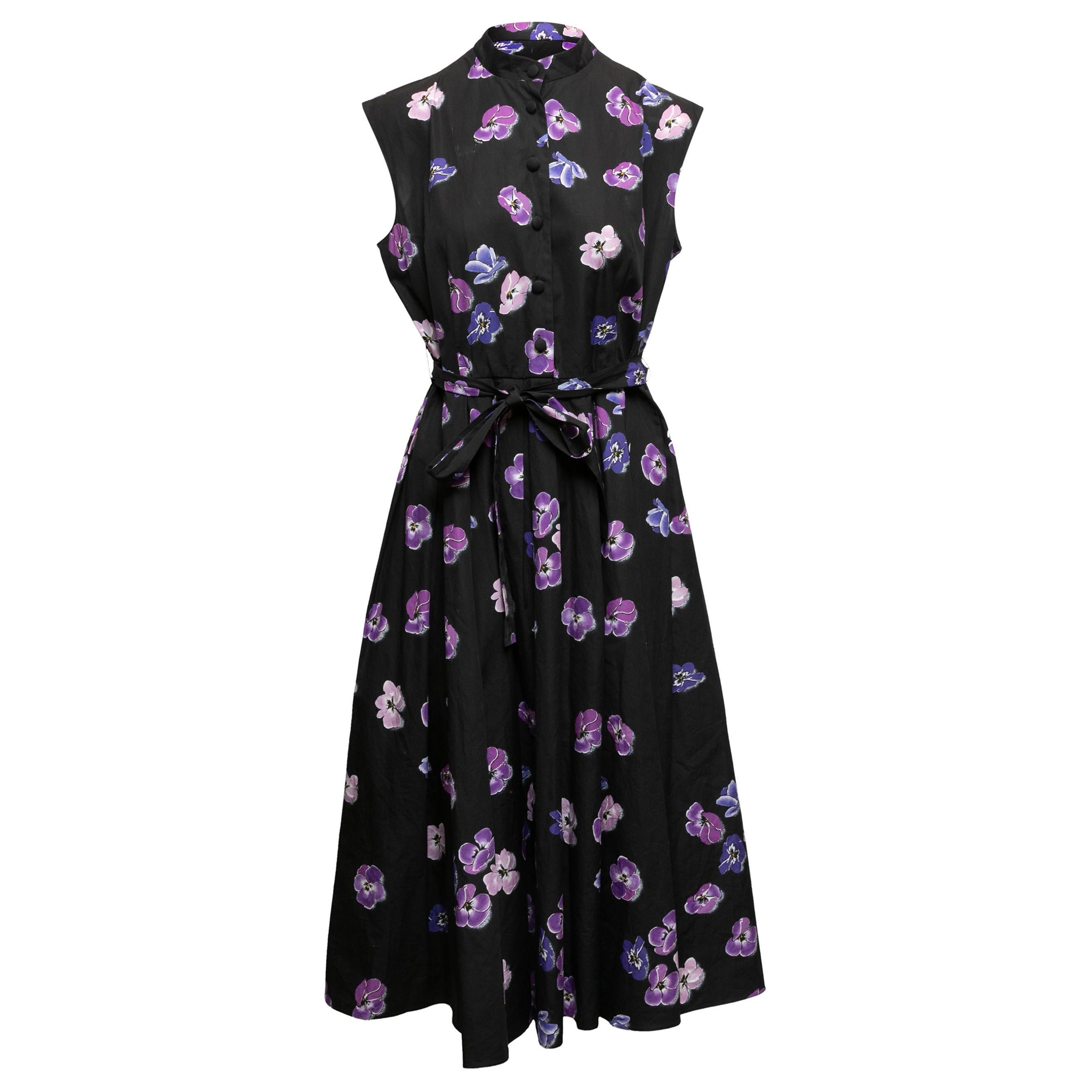 Black & Purple Prada Pansy Printed Dress Size IT 46 For Sale