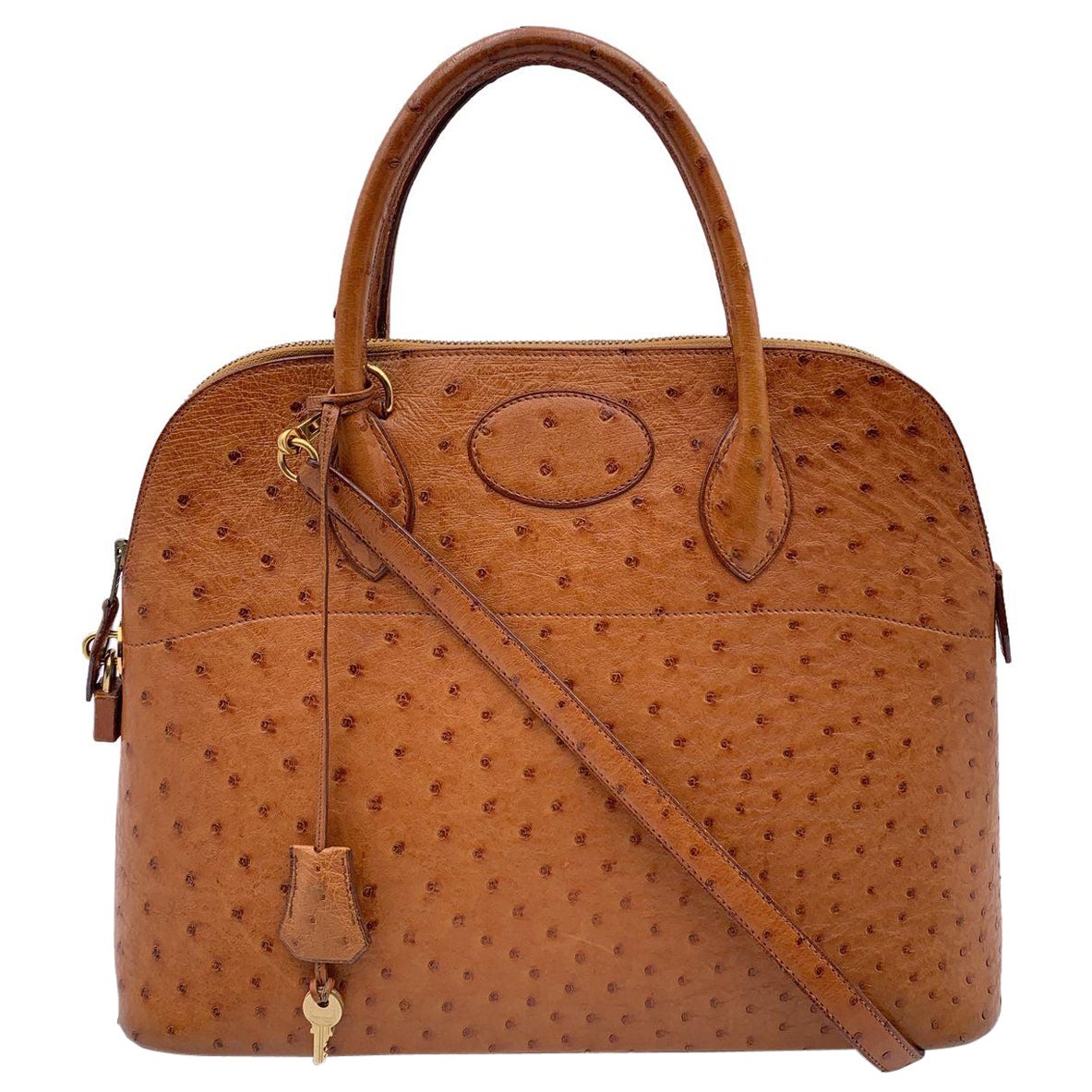 Hermes Vintage 1992 Tan Ostrich Leather Bolide 35 Bag with Strap For Sale