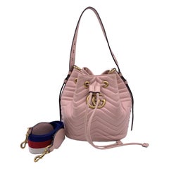 Used Gucci Pink Leather GG Marmont Matelassè Drawstring Bucket Bag