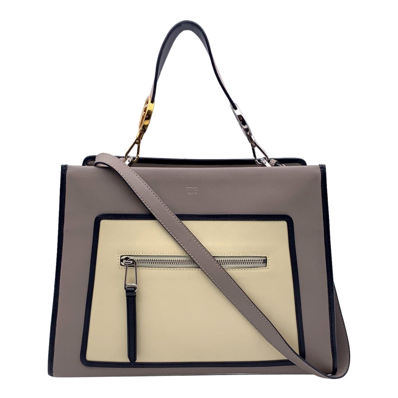 Fendi Grey Beige Black Leather Runaway Tote Bag with Two Straps For Sale