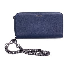 Prada Blue Leather Wallet On Chain WOC Wristlet Zippy Wallet